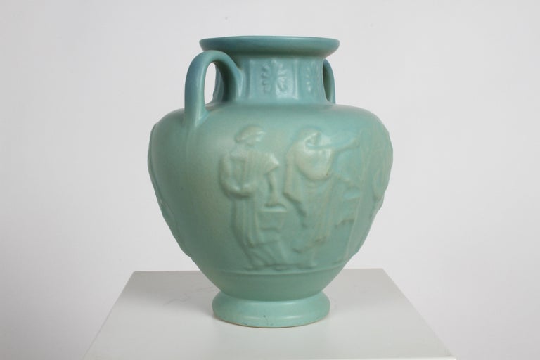 American Van Briggle Turquoise Ming Glaze Grecian Urn or Vase Signed D.R. For Sale