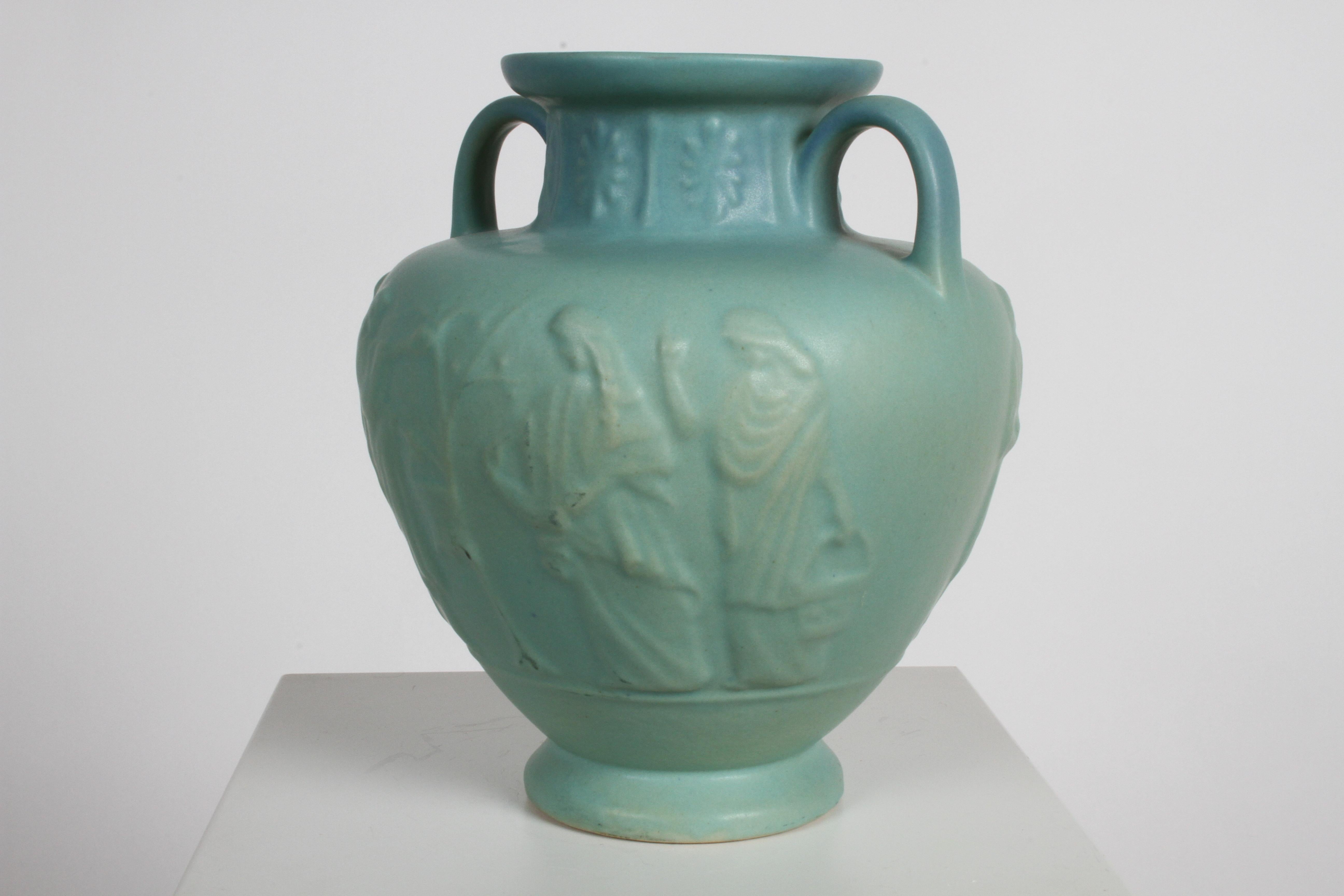 Argile Van Briggle Urne ou vase grec à glaçure turquoise Ming signé D.R. en vente