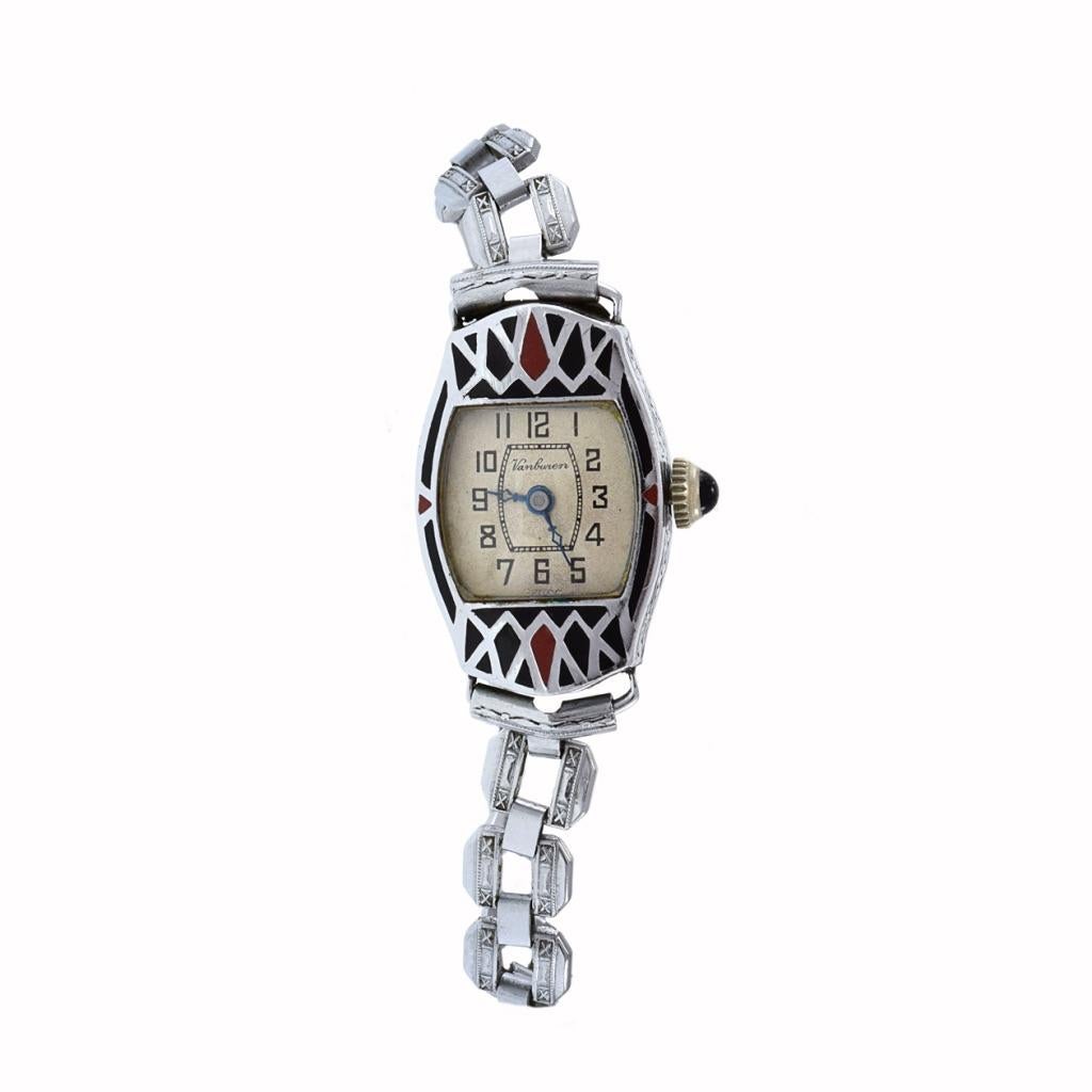 Introducing the VanBuren 1920's Ladies Cocktail Watch, a stunning piece of Art Deco elegance. This vintage treasure features a gold-plated case and steel bracelet, adorned with intricate enamel details reminiscent of the era's glamour. The beige