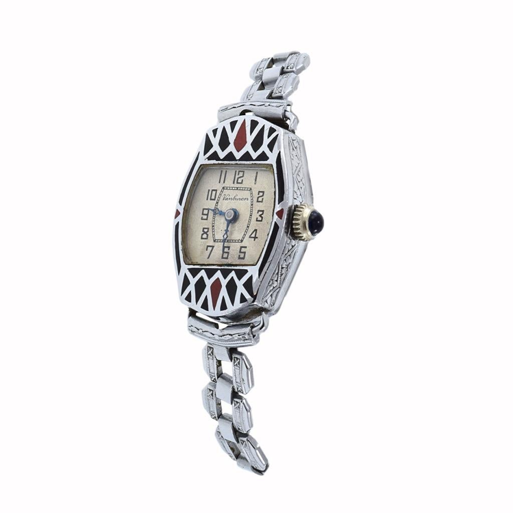 Art Deco Van Buren Cocktail Watch White Gold Plate With Enamel Details For Sale