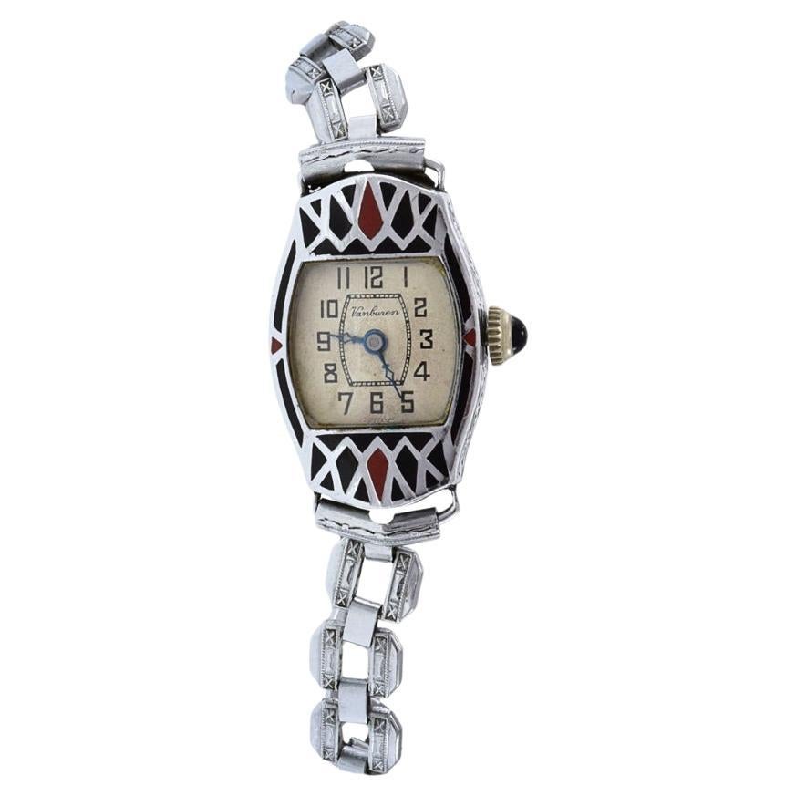 Van Buren Cocktail Watch White Gold Plate With Enamel Details For Sale