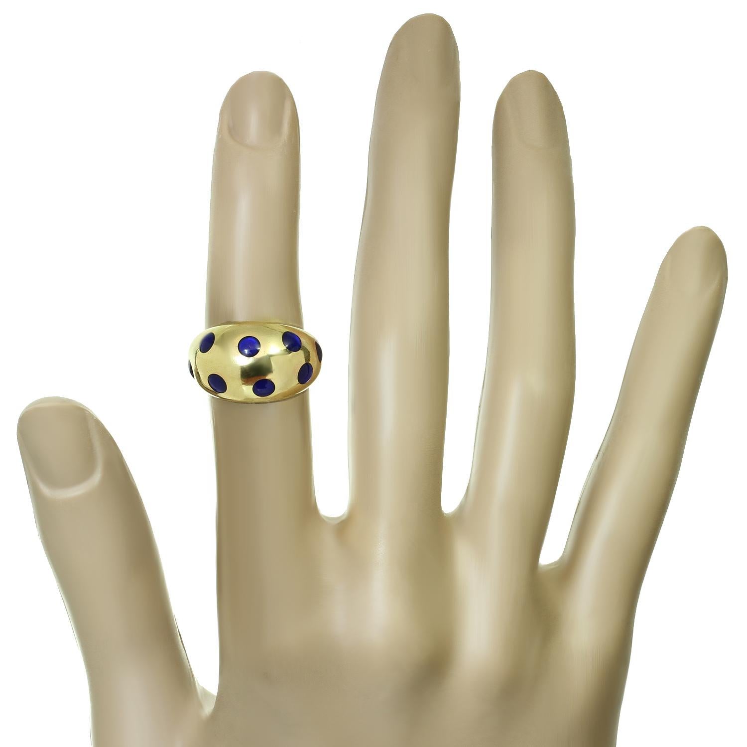 Van Ceef & Apels 1970s Blue Enamel Dot 18k Yellow Gold Domed Band Ring In Good Condition In New York, NY