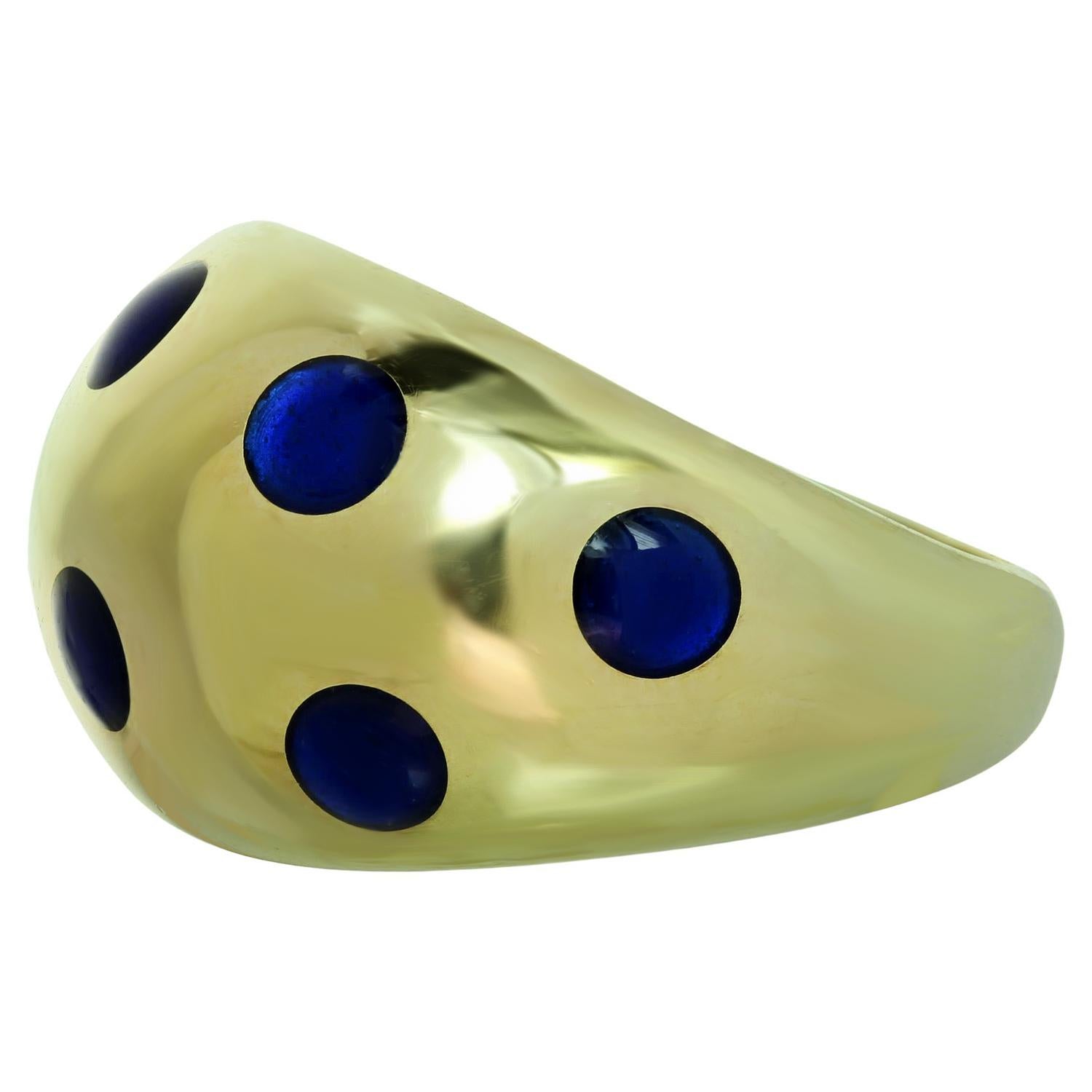Van Ceef & Apels 1970s Blue Enamel Dot 18k Yellow Gold Domed Band Ring 1