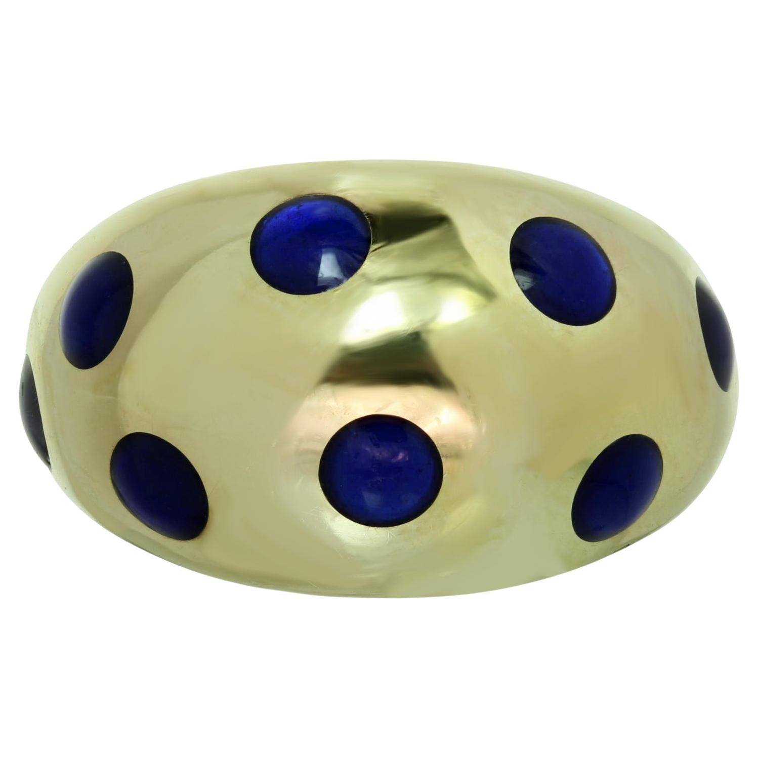 Van Ceef & Apels 1970s Blue Enamel Dot 18k Yellow Gold Domed Band Ring