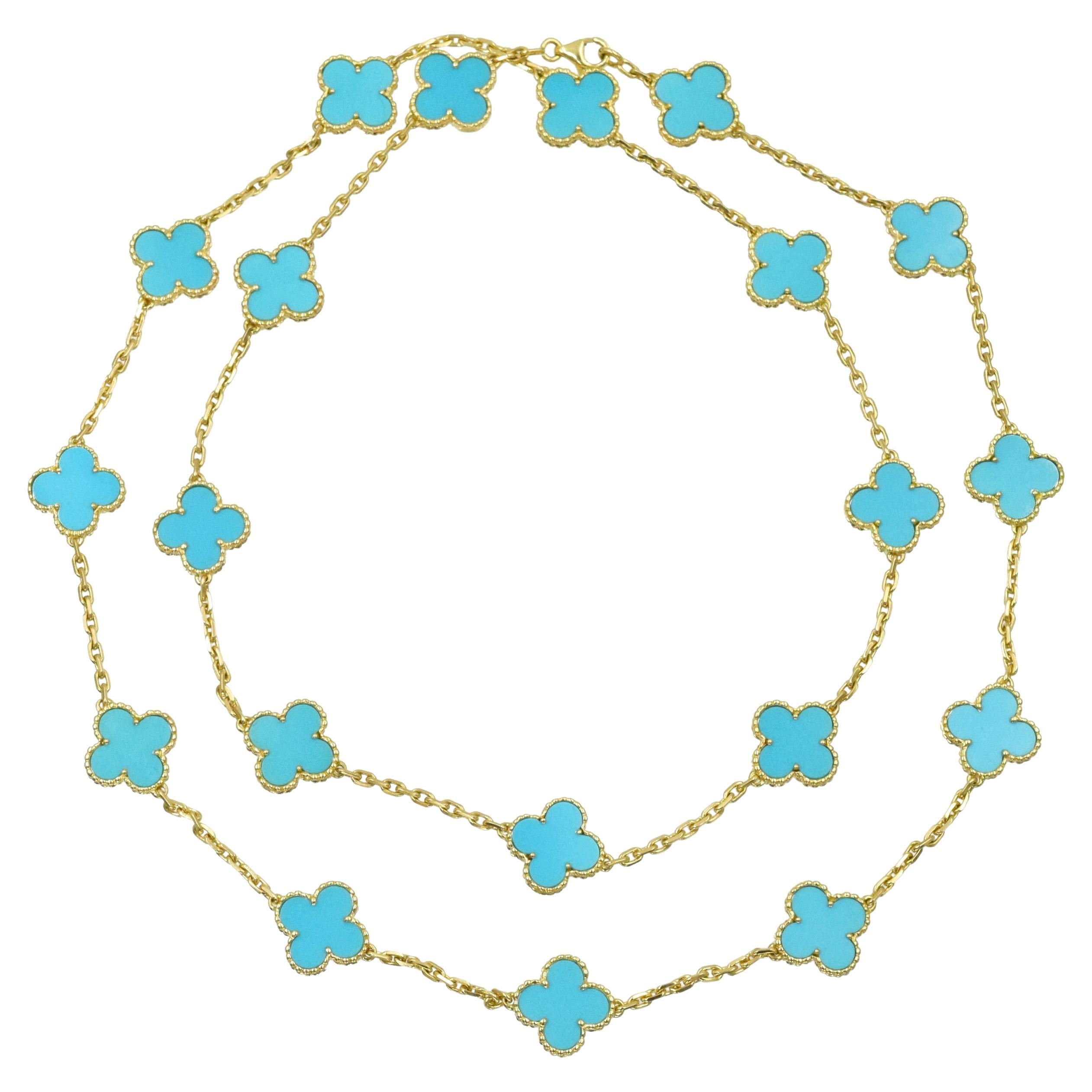 Van Cleeef & Arpels 'Vintage Alhamrba' Turquoise Necklace. This necklace has
twenty motifs, turquoise plaques, all set in 18k yellow gold with chain, signed VCA, numbered,
Length:  33 3/8 in 
Made in France