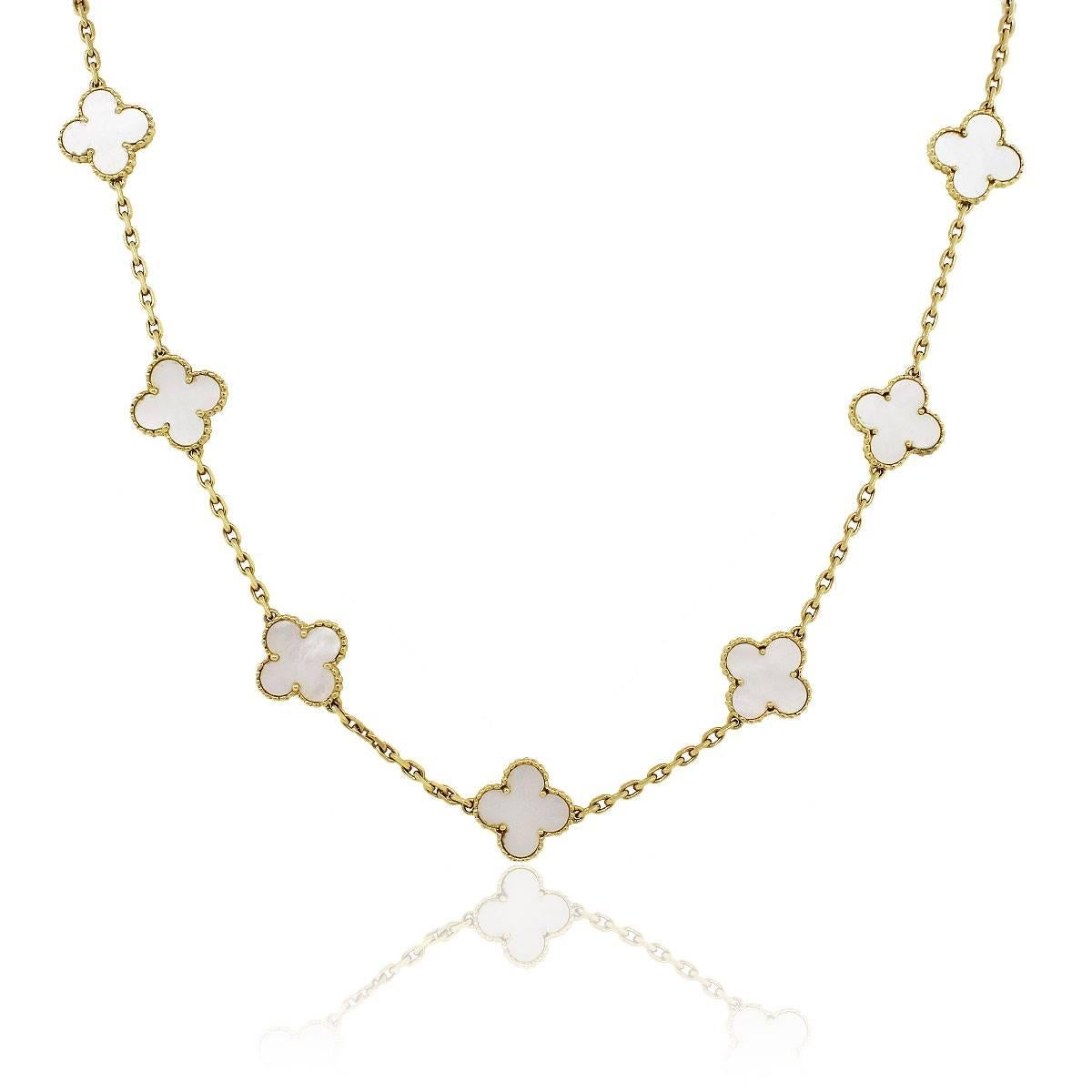 Material: 18k Yellow gold
Gemstone Details: 20 mother of pearl motifs
Necklace Measurements: 33″” in length
Clasp: Lobster claw
Total Weight: 43.4g (27.9dwt)
Additional Details: This item comes with Van Cleef & Arpels box and original papers!