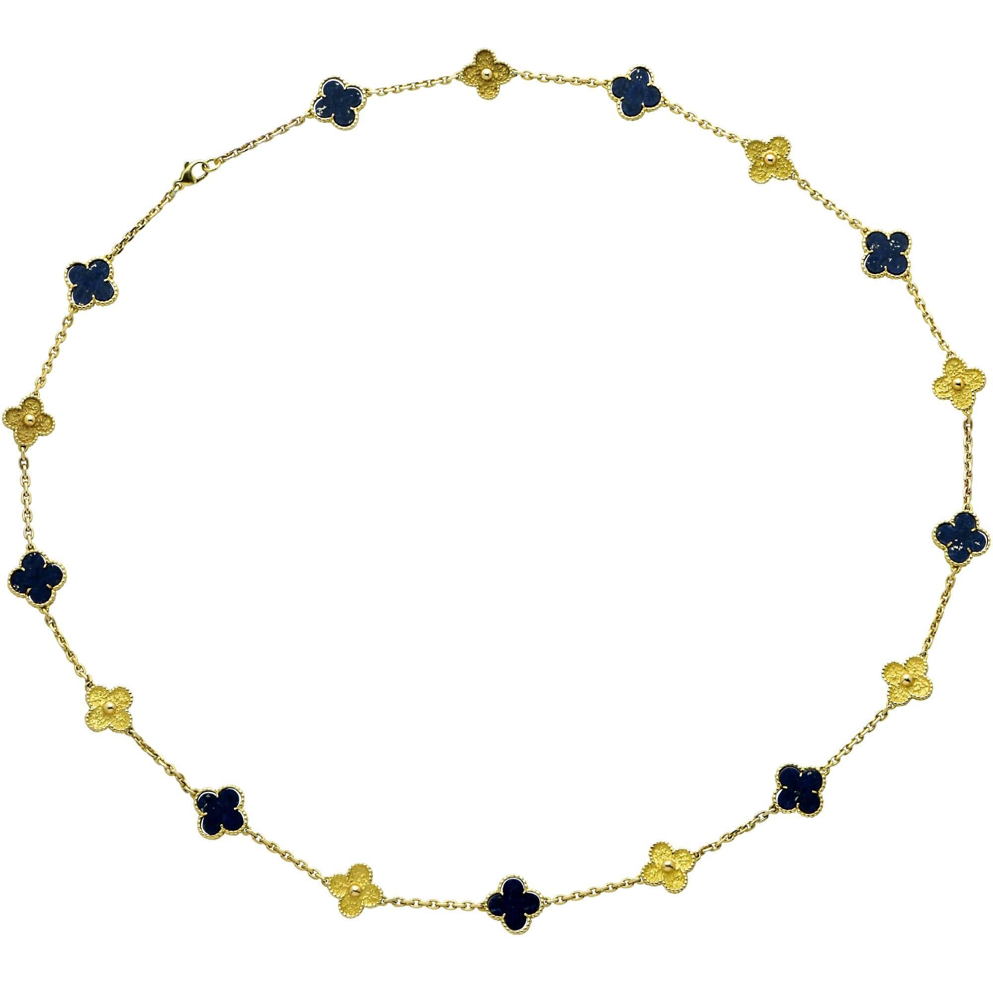 Van Cleef & Arpels Alhambra 17 Motif Lapis and Yellow Gold Necklace In Excellent Condition In Miami, FL