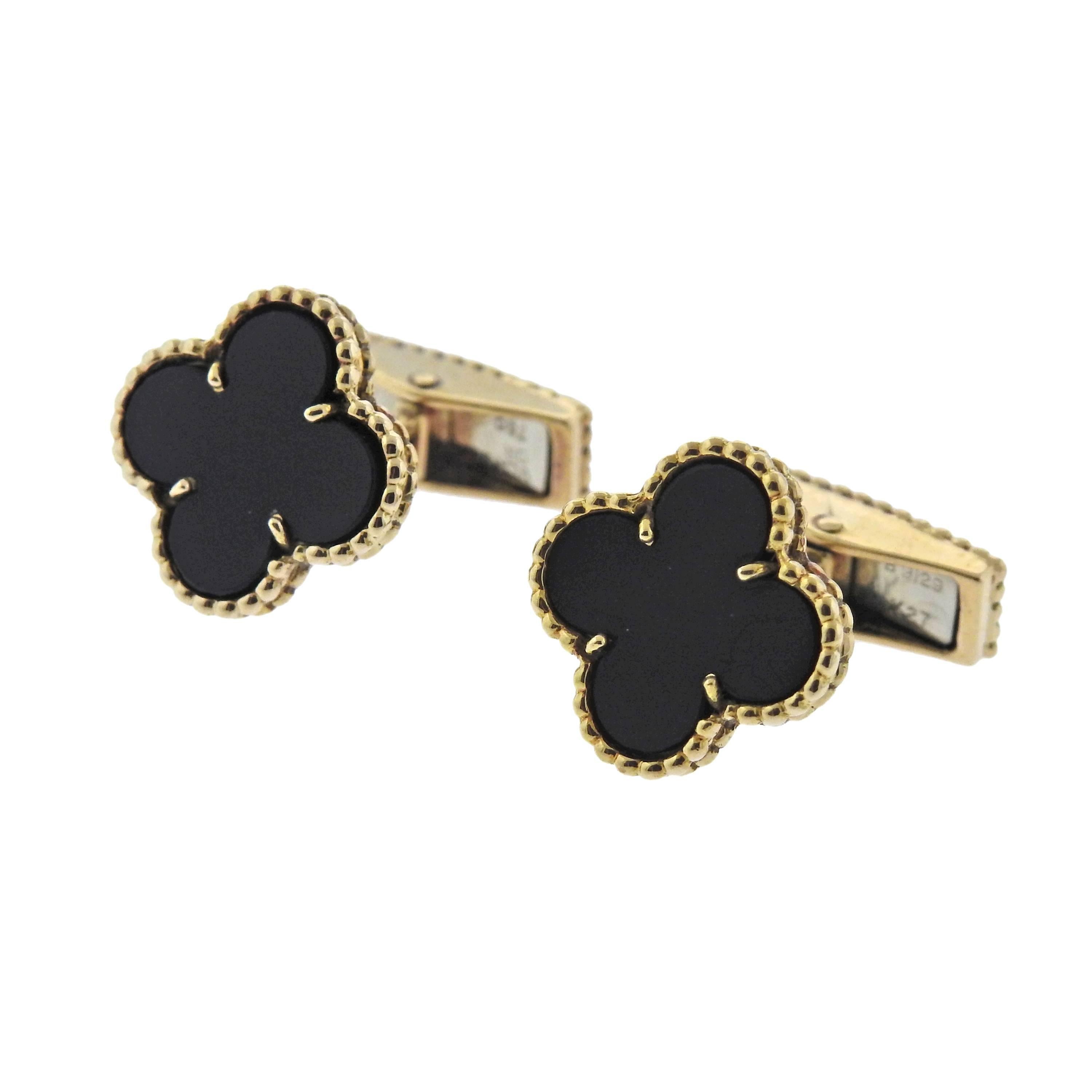 Pair of iconic Alhambra 18k gold cufflinks, crafted by Van Cleef & Arpels, set with black onyx.  Each top is 13.7mm x 14.7mm. Weight - 9.2 grams. Marked: VCA hallmark, French eagle marks, VCA or 750, B9129***.