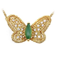 Van Cleef & Arpels Cabochon Chrysoprase and Diamond Gold Butterfly Necklace
