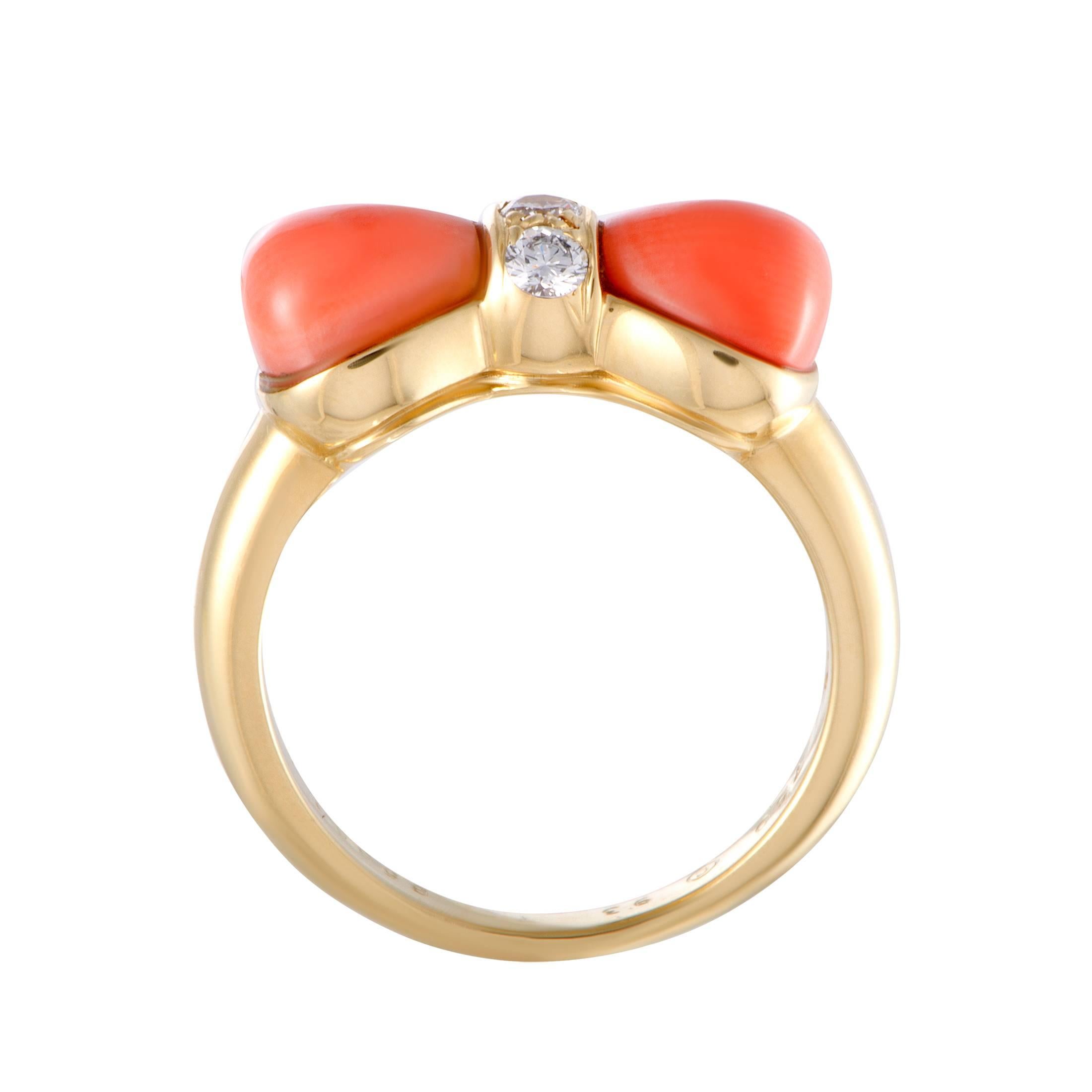 Offering a wonderfully dainty and feminine appearance, this lovely ring is designed by Van Cleef & Arpels and expertly crafted from 18K yellow gold. The ring is decorated with sublime coral and 0.10 carats of diamonds.
Ring Top Dimensions: 7mm x