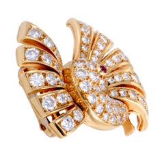 Van Cleef & Arpels Diamond and Ruby Bird Gold Brooch