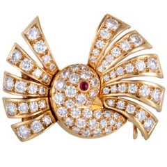 Van Cleef & Arpels Diamond and Ruby Bird Gold Brooch