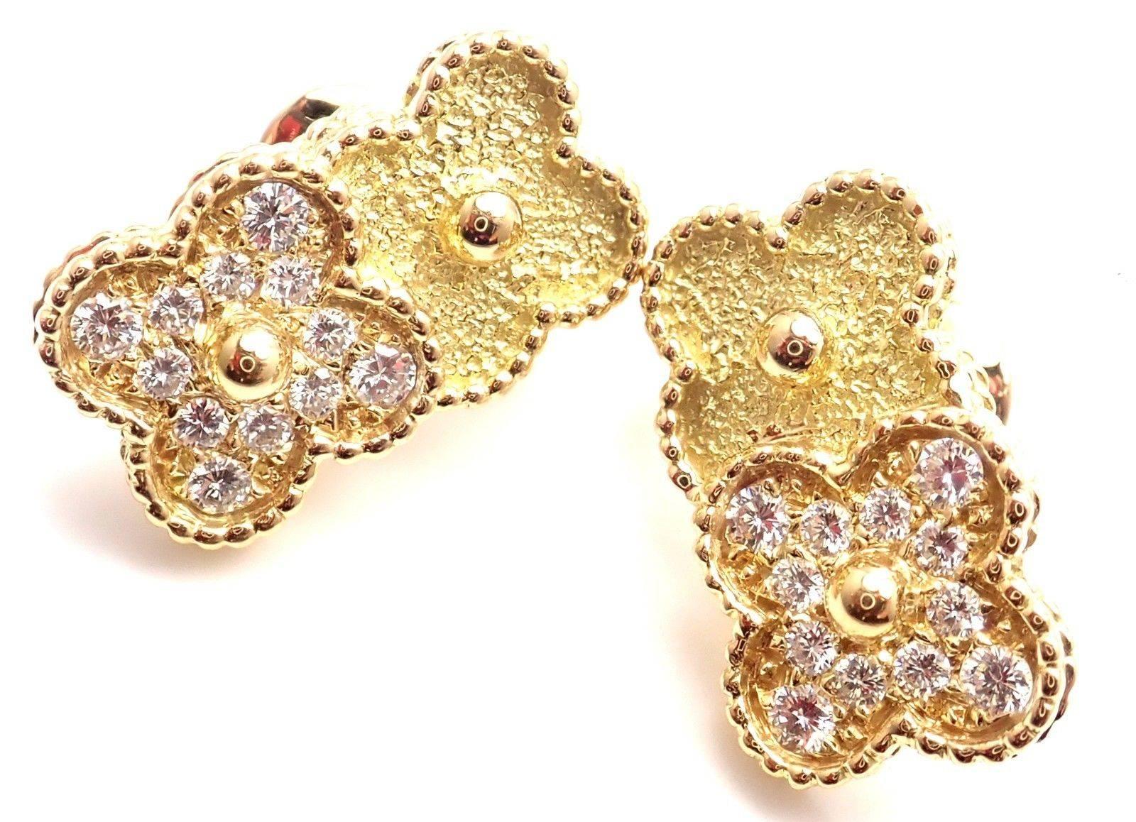 18k Yellow Gold And Diamond Vintage Alhambra Earrings
by Van Cleef & Arpels.
With 24 round brilliant cut diamond VVS1 clarity, E color total weight .92ct
These earrings are for pierced ears.
These earrings come with Van Cleef & Arpels