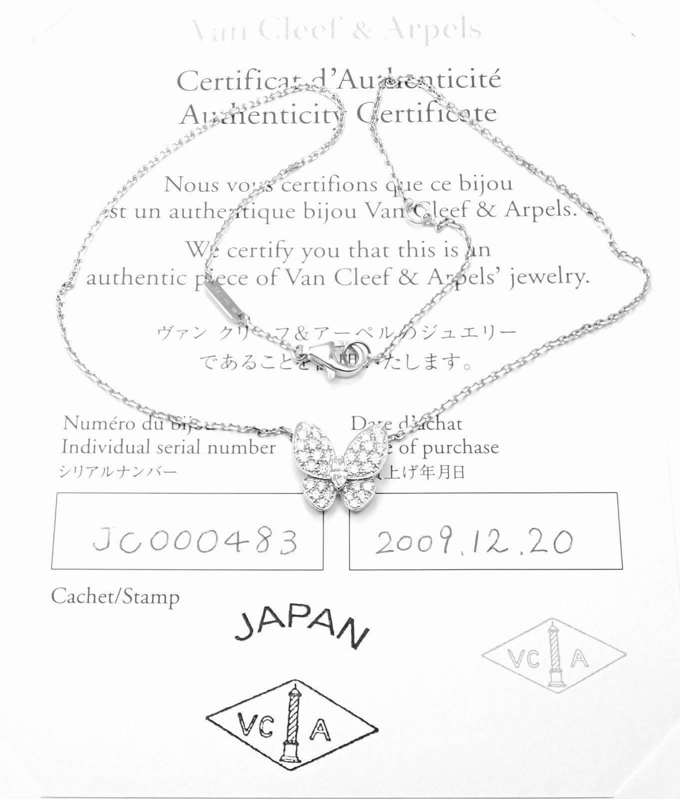 18k White Gold Diamond Butterfly Papillon Pendant Necklace by Van Cleef & Arpels. 
With 35 diamond VVS1 clarity, E color total weight .85ct 
This necklace comes with Van Cleef & Arpels certificate.
Details: 
Length: 16.5