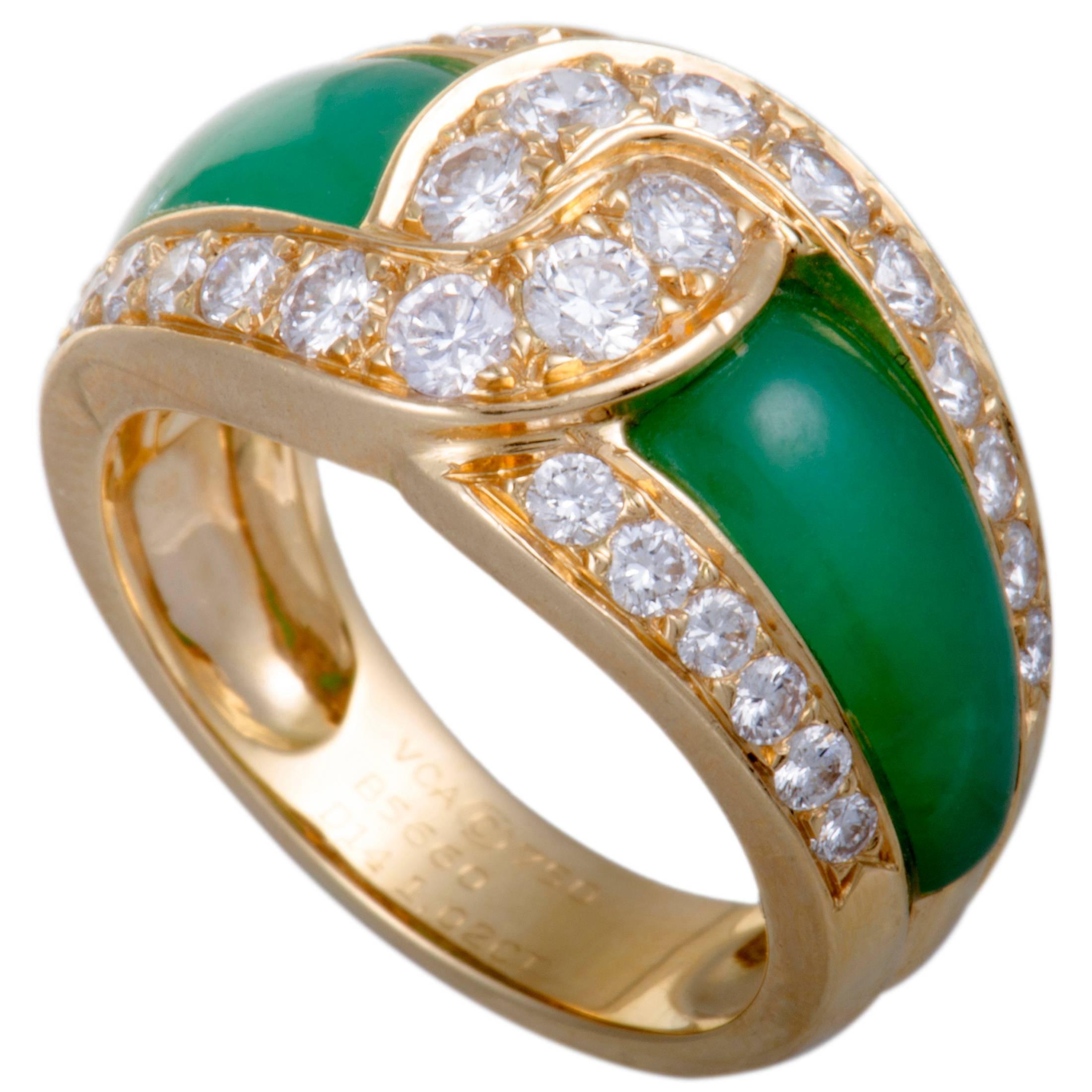 Van Cleef & Arpels Diamond Pave and Green Chrysoprase Yellow Gold Band Ring