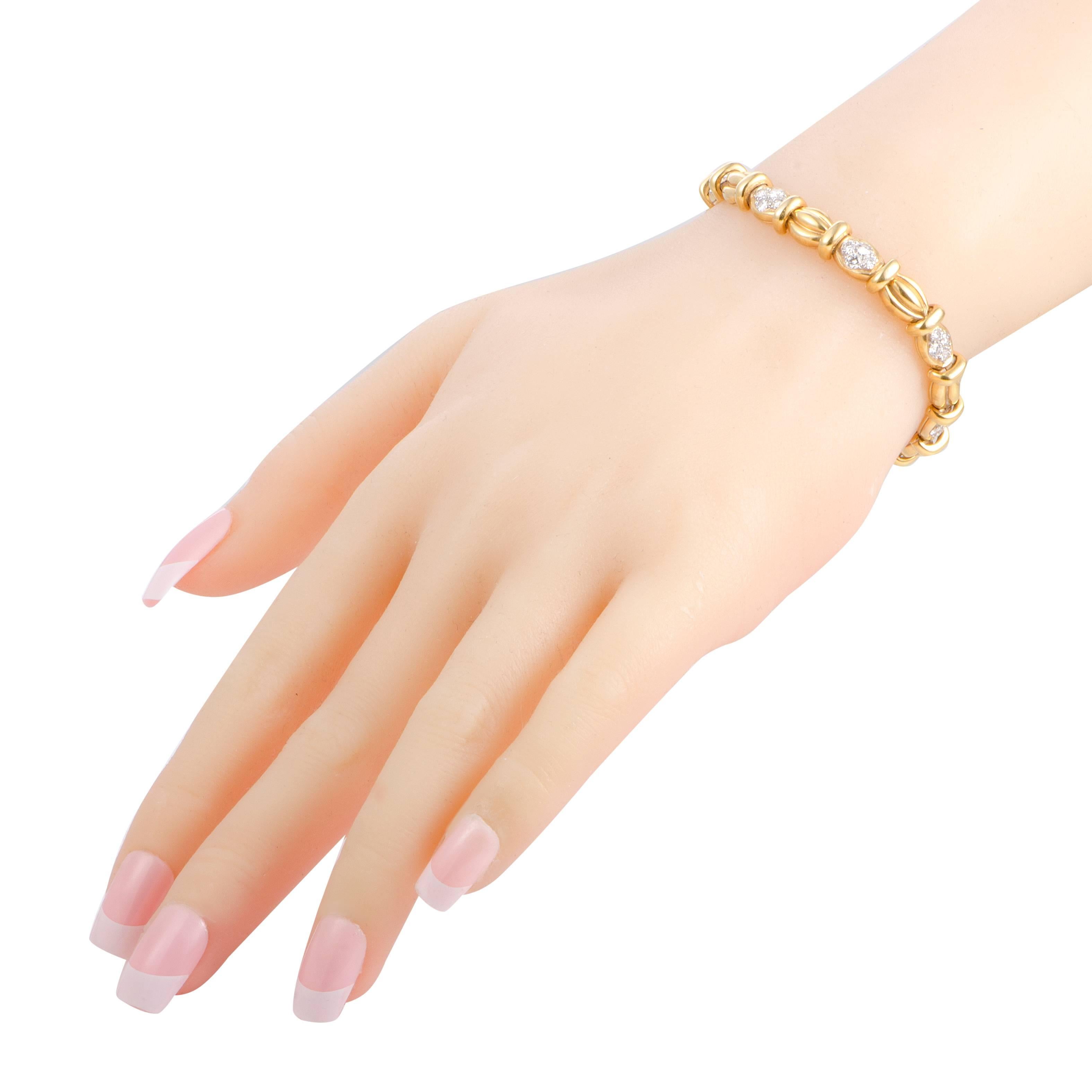 Slightly reminiscent of the ever-sophisticated vintage pieces, this splendid Van Cleef & Arpels bracelet offers a look of timeless elegance and prestige. The bracelet is made of radiant 18K yellow gold and decorated with scintillating diamond stones