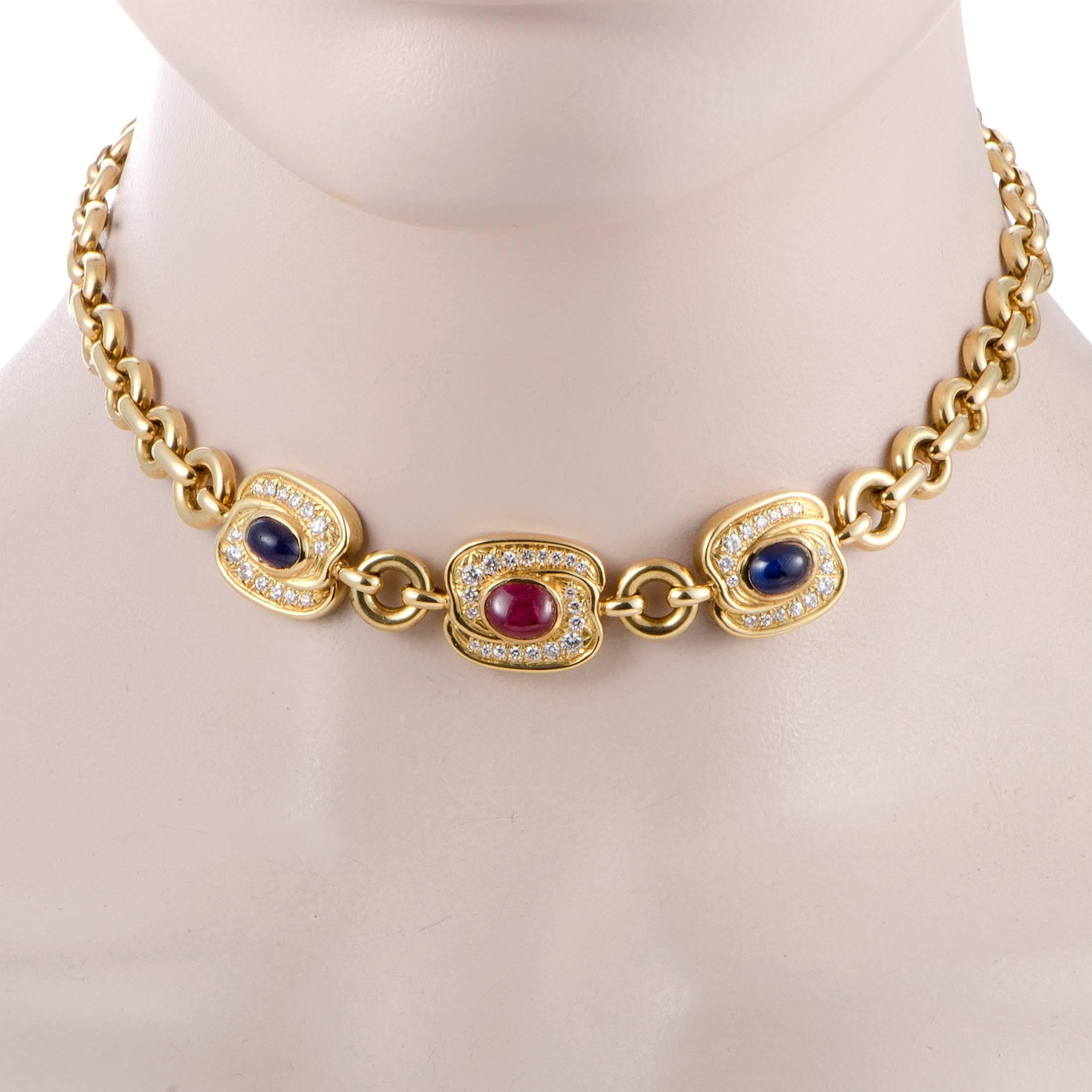 If you wish to accentuate your look with a piece that exudes prestige and opulence, this fabulous necklace is the perfect choice. Designed by Van Cleef & Arpels, the necklace is made of 18K yellow gold and decorated with two sapphires, a ruby, and