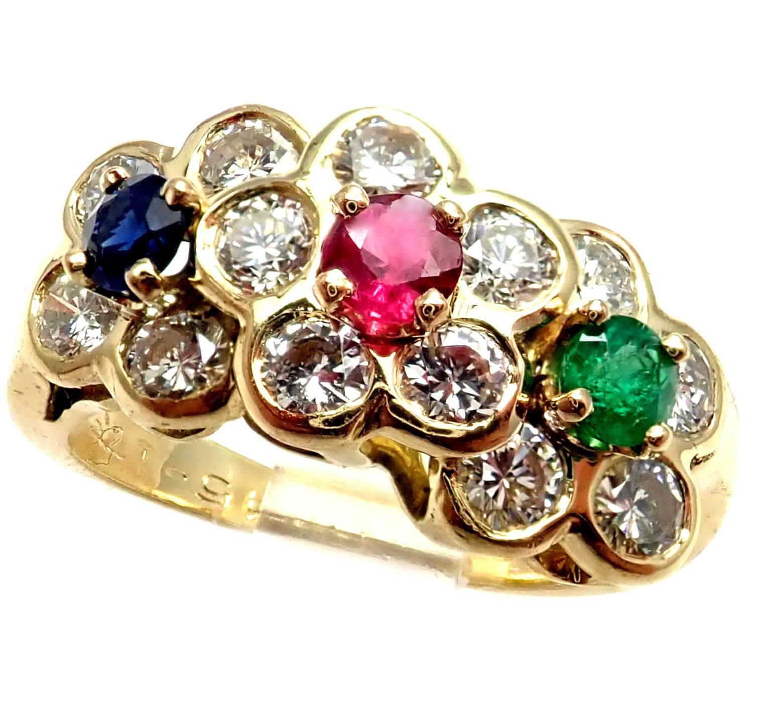 Van Cleef & Arpels Diamond Ruby Emerald Sapphire Flower Band Ring 1