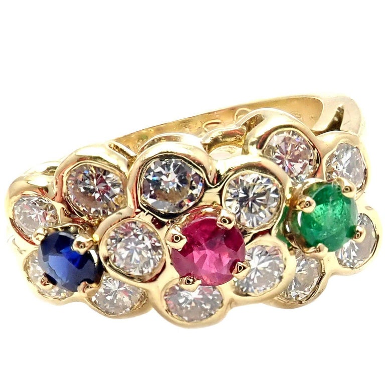 Van Cleef and Arpels Diamond Ruby Emerald Sapphire Flower Band Ring For ...
