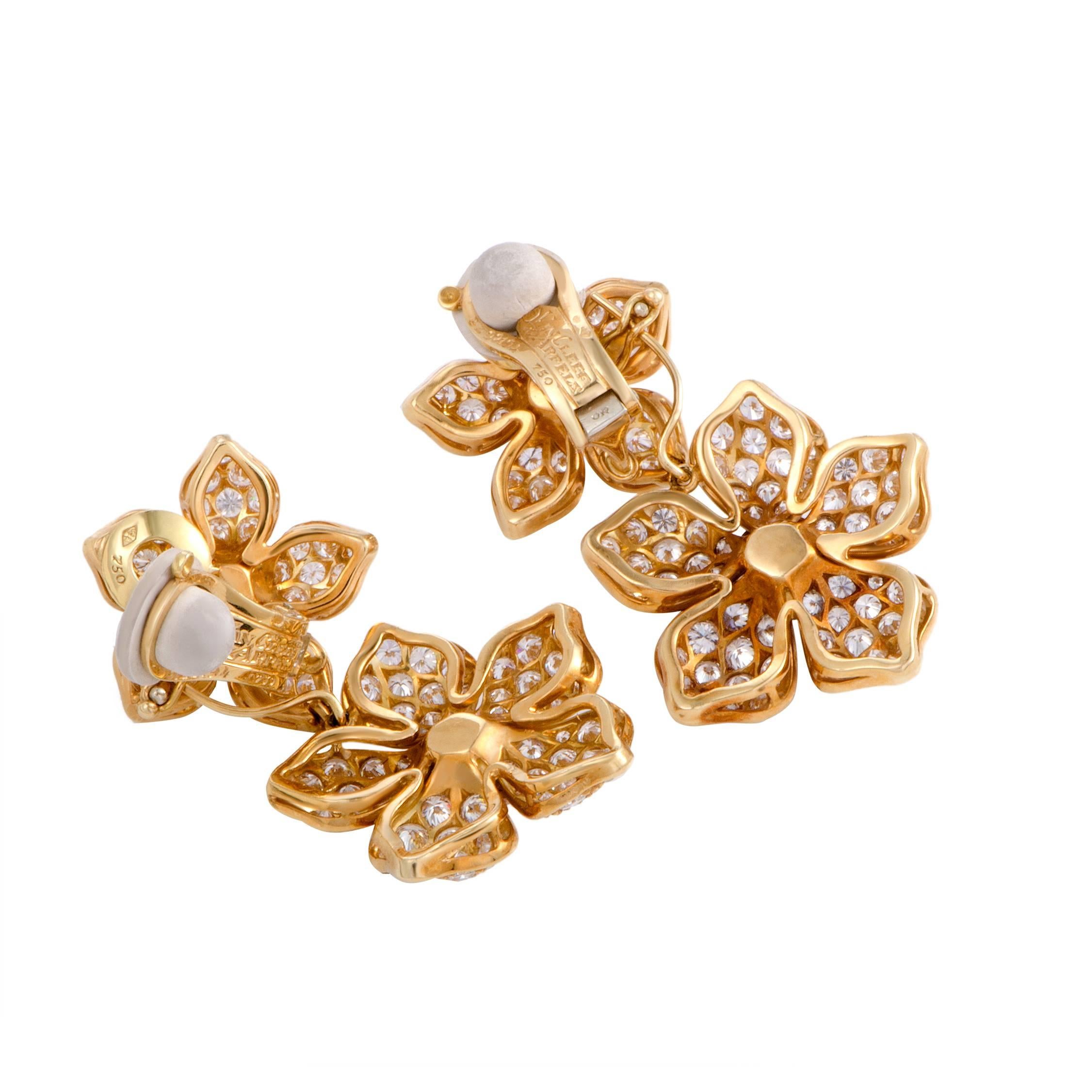 Van Cleef & Arpels Full Diamond Pave Gold Floral Clip-On Dangle Earrings In Excellent Condition In Southampton, PA