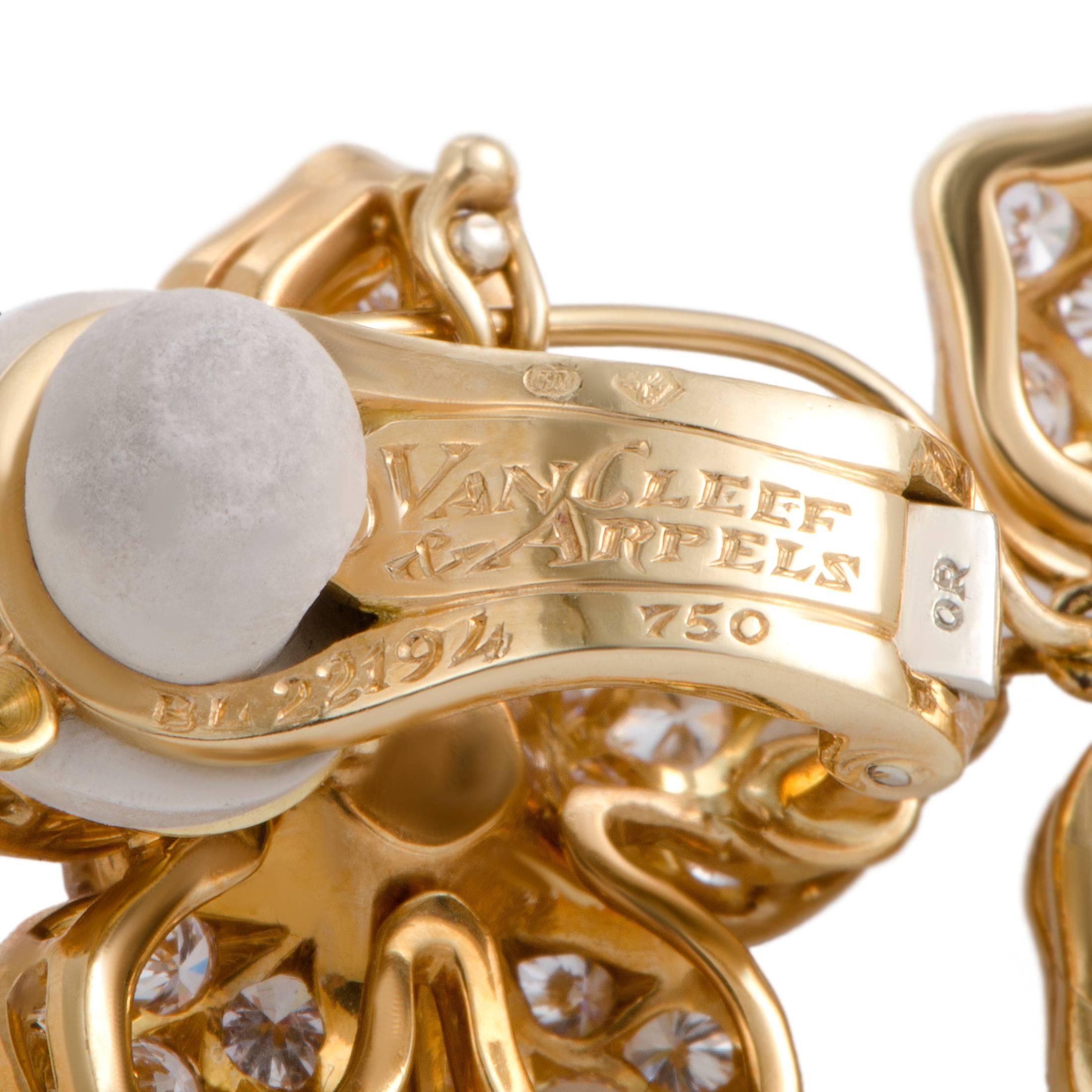 Women's Van Cleef & Arpels Full Diamond Pave Gold Floral Clip-On Dangle Earrings