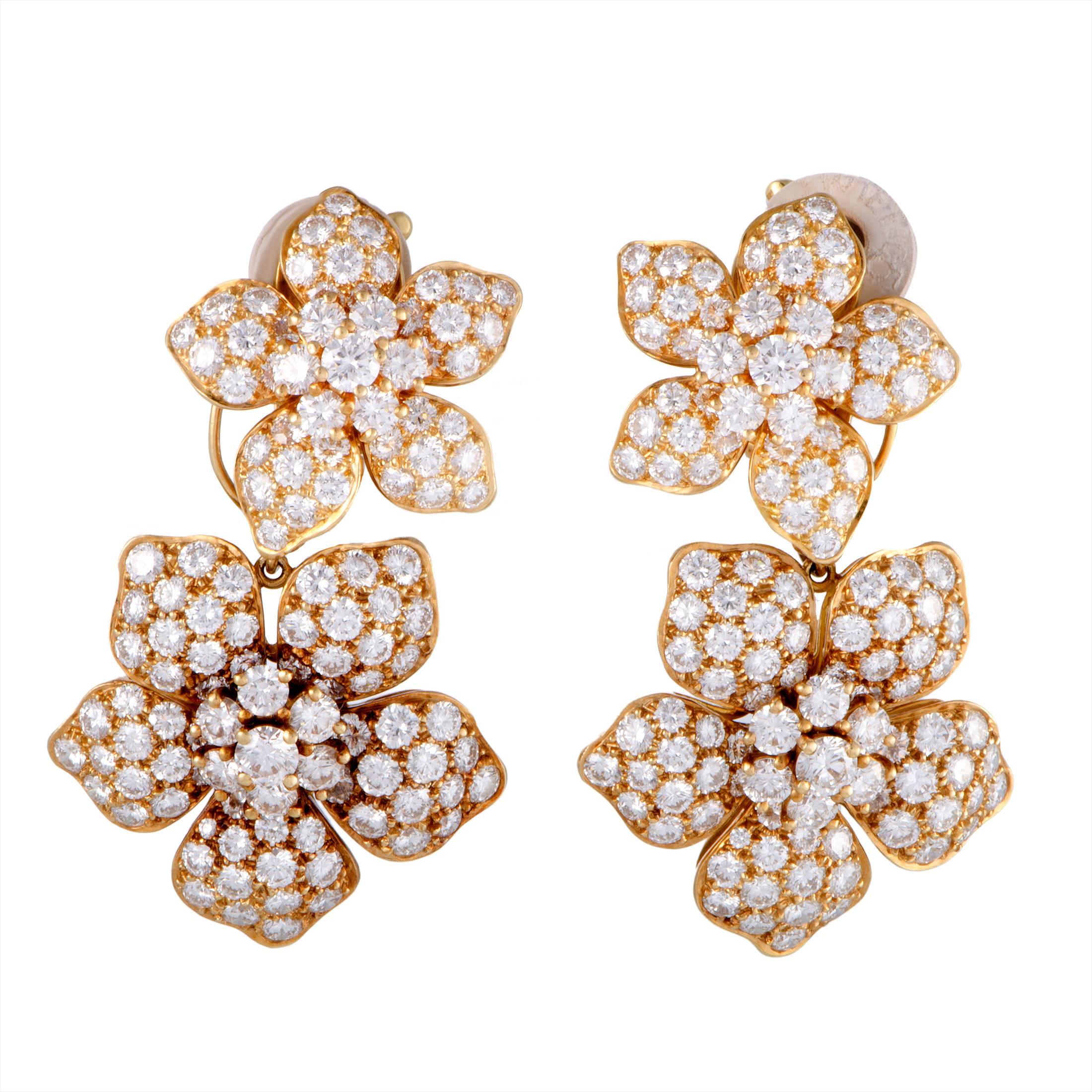 Van Cleef & Arpels Full Diamond Pave Gold Floral Clip-On Dangle Earrings