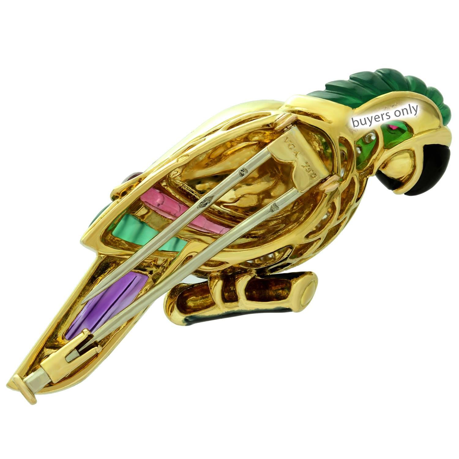 Women's Van Cleef & Arpels Gemstone Diamond Yellow Gold Parrot Pin Brooch