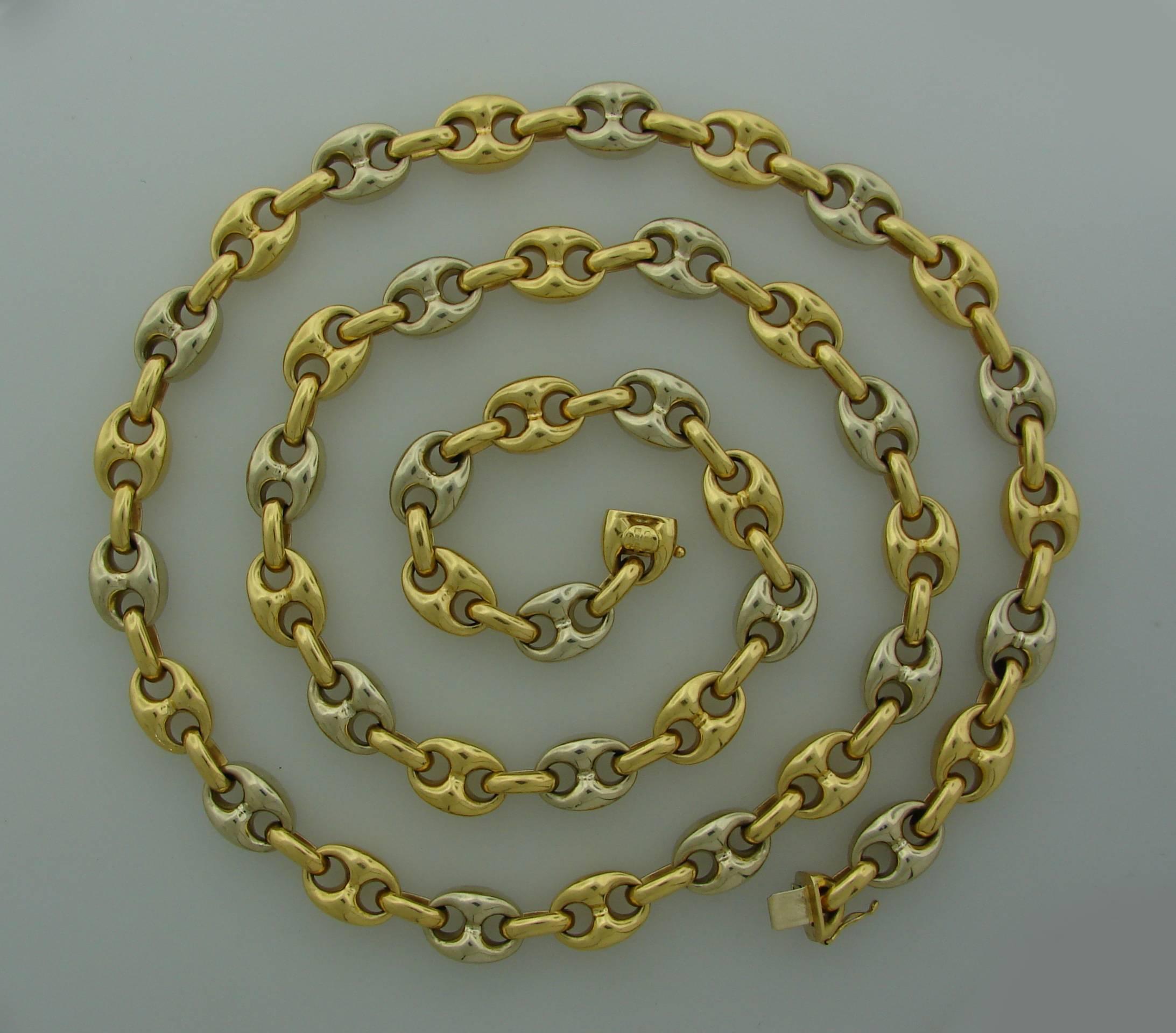 Bold yet classy nautical link chain necklace created by Van Cleef & Arpels in Italy in the 1970's. Elegant, timeless and wearable, the chain is a great addition to your jewelry collection.
Made of 18 karat (stamped) yellow and white gold. 
Measures