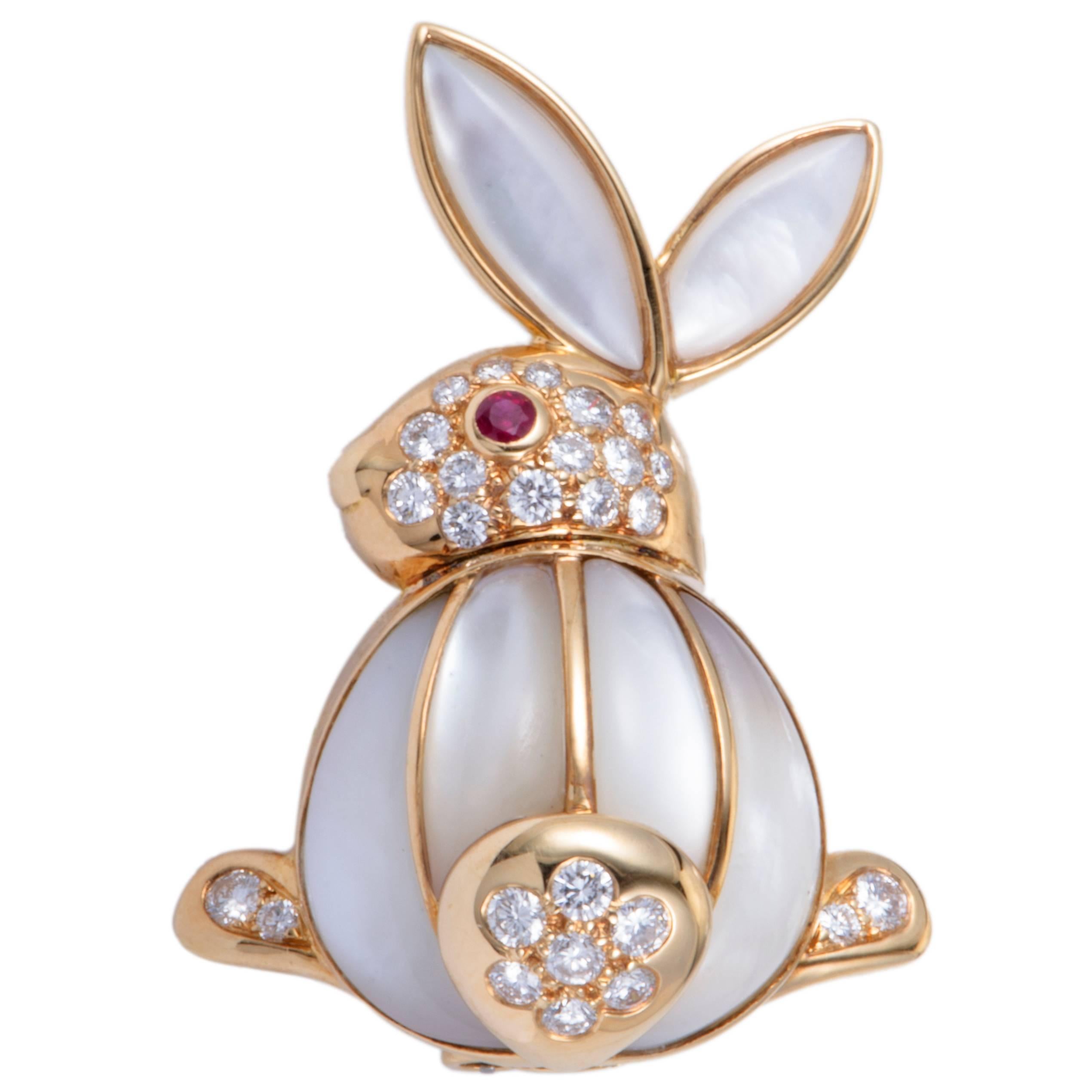 Van Cleef & Arpels Mother-of-Pearl, Diamond and Ruby Yellow Gold Rabbit Brooch