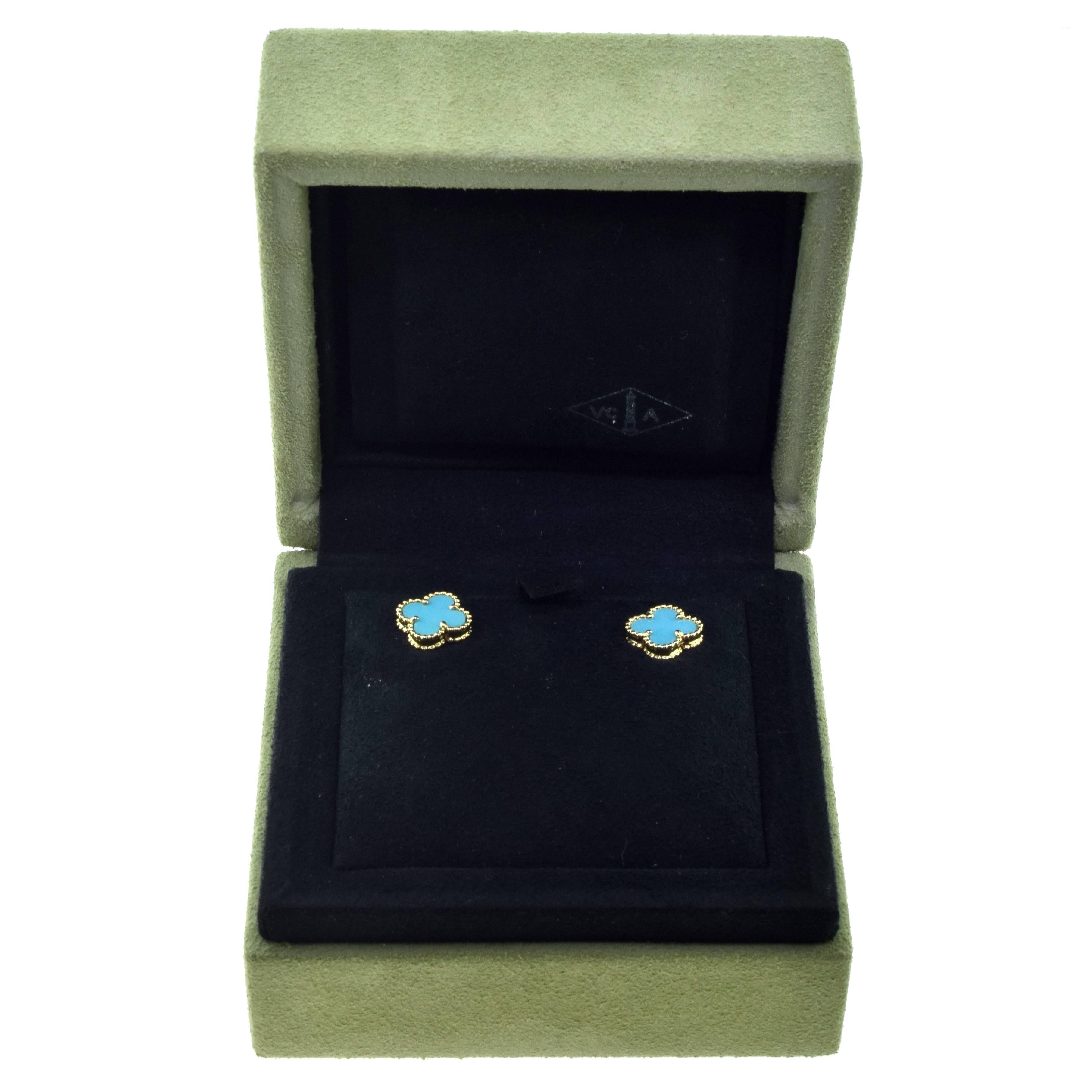 Van Cleef & Arpels Sweet Alhambra Turquoise 18 Karat Yellow Gold Mini Ear Studs In Excellent Condition In Miami, FL