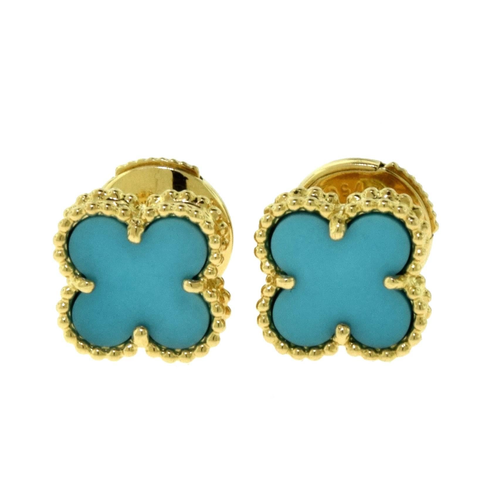 Van Cleef & Arpels Sweet Alhambra Turquoise 18 Karat Yellow Gold Mini Ear Studs