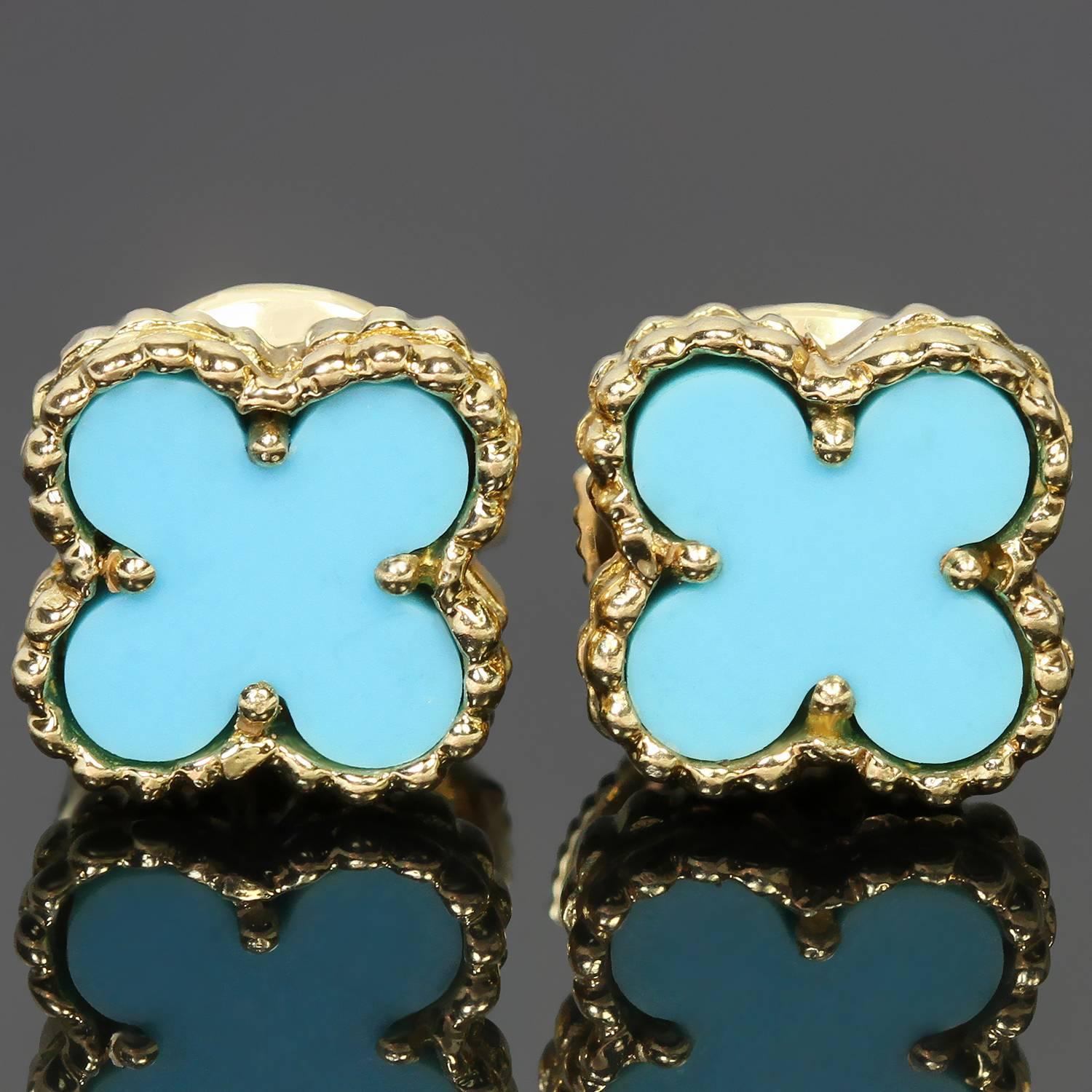 These stunning Van Cleef & Arpels stud earrings from the iconic Sweet Alhambra collection feature the lucky clover design crafted in 18k yellow gold and set with blue turquoise. Made in France circa 2000s. Measurements: 0.35
