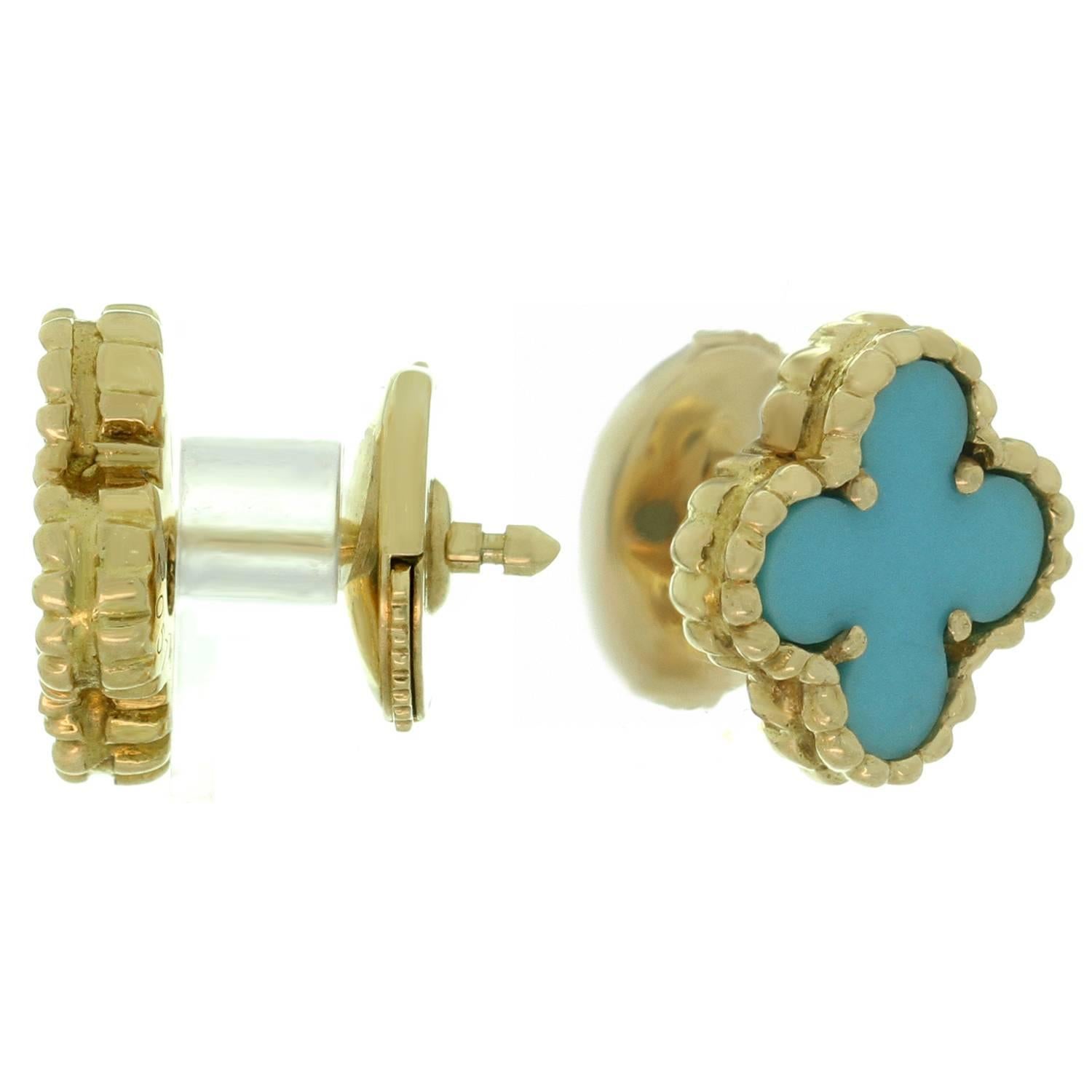 Van Cleef & Arpels Sweet Alhambra Turquoise Yellow Gold Stud Earrings In Excellent Condition In New York, NY