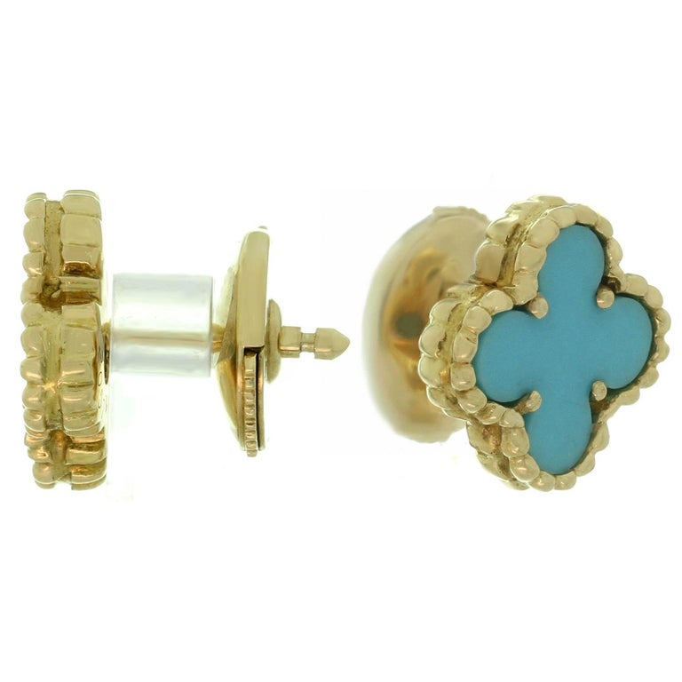 Van Cleef and Arpels Sweet Alhambra Turquoise Yellow Gold Stud Earrings