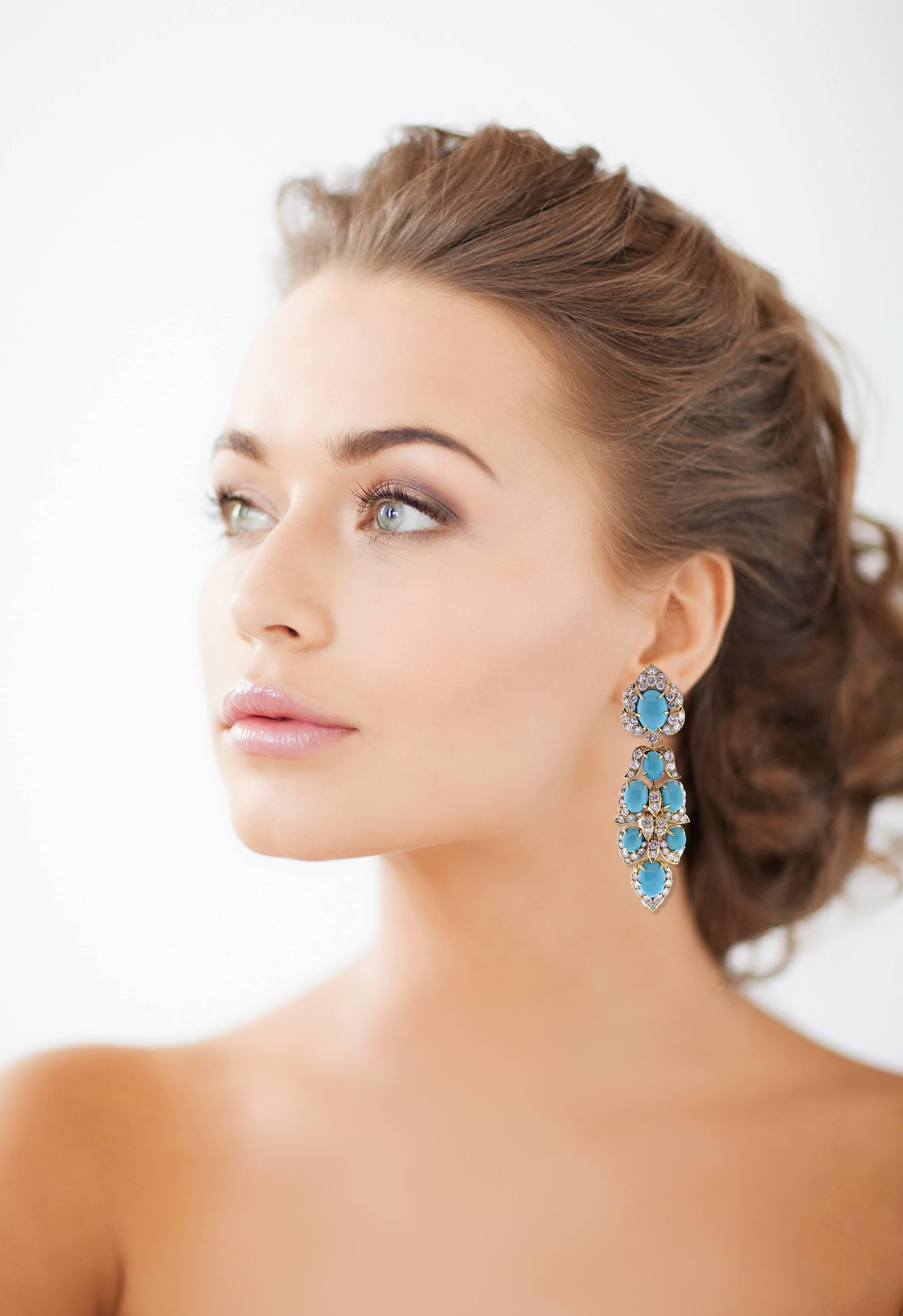 Van Cleef & Arpels Turquoise Diamond Drop Earrings In Excellent Condition In Bethesda, MD