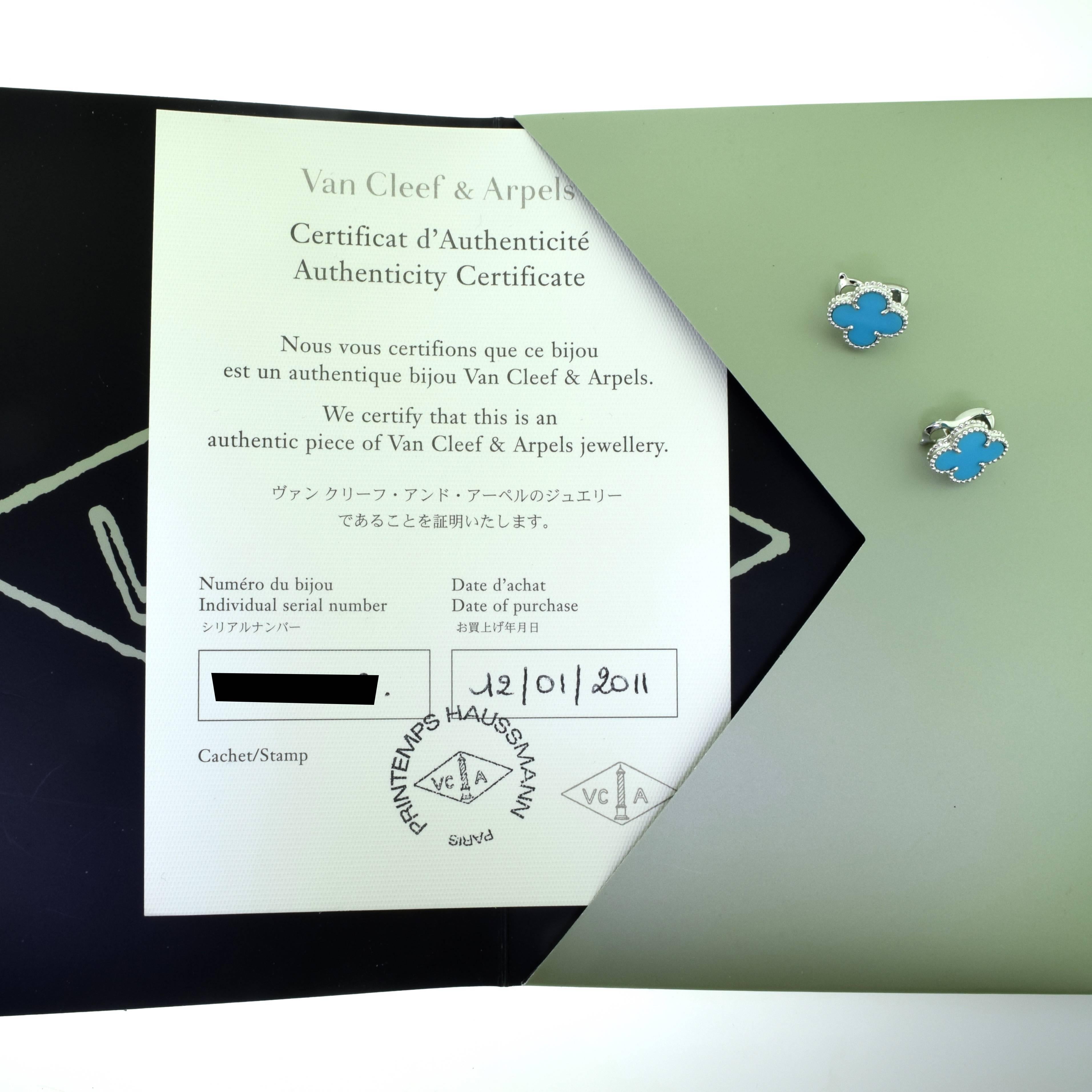 Van Cleef & Arpels Turquoise Vintage Alhambra Earrings in 18 Karat White Gold In Excellent Condition For Sale In Miami, FL