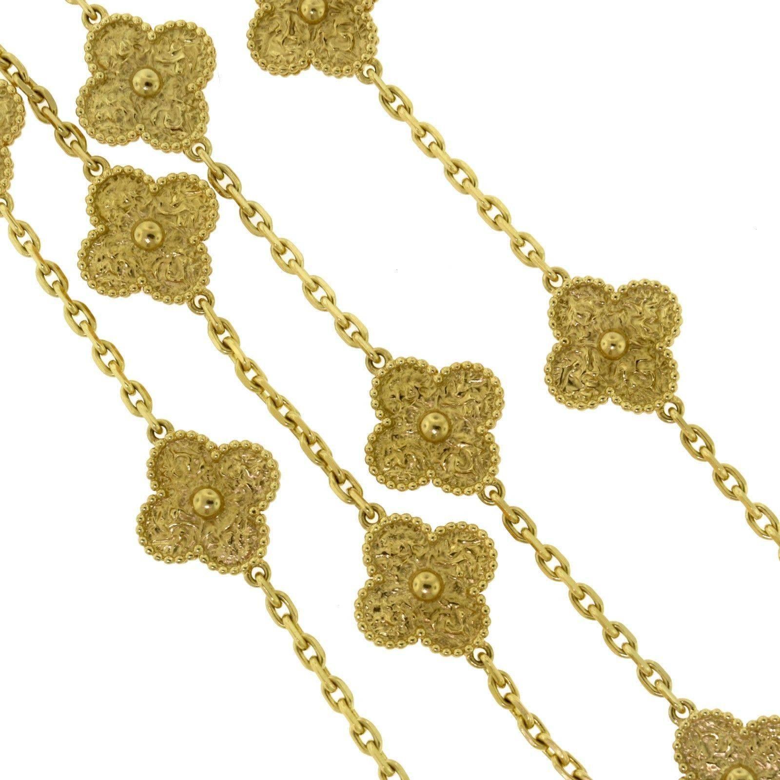 Designer: Van Cleef & Arpels
Collection: Vintage Alhambra
Style: 20 Motif Long Necklace 
Metal: 18k Yellow Gold
Total Item Weight (g): 57.1
Chain Length: 33.6 inches
Motif DImensions: 12.68 x 14.45 mm
Signature: VCA 
Hallmark: G750 Serial