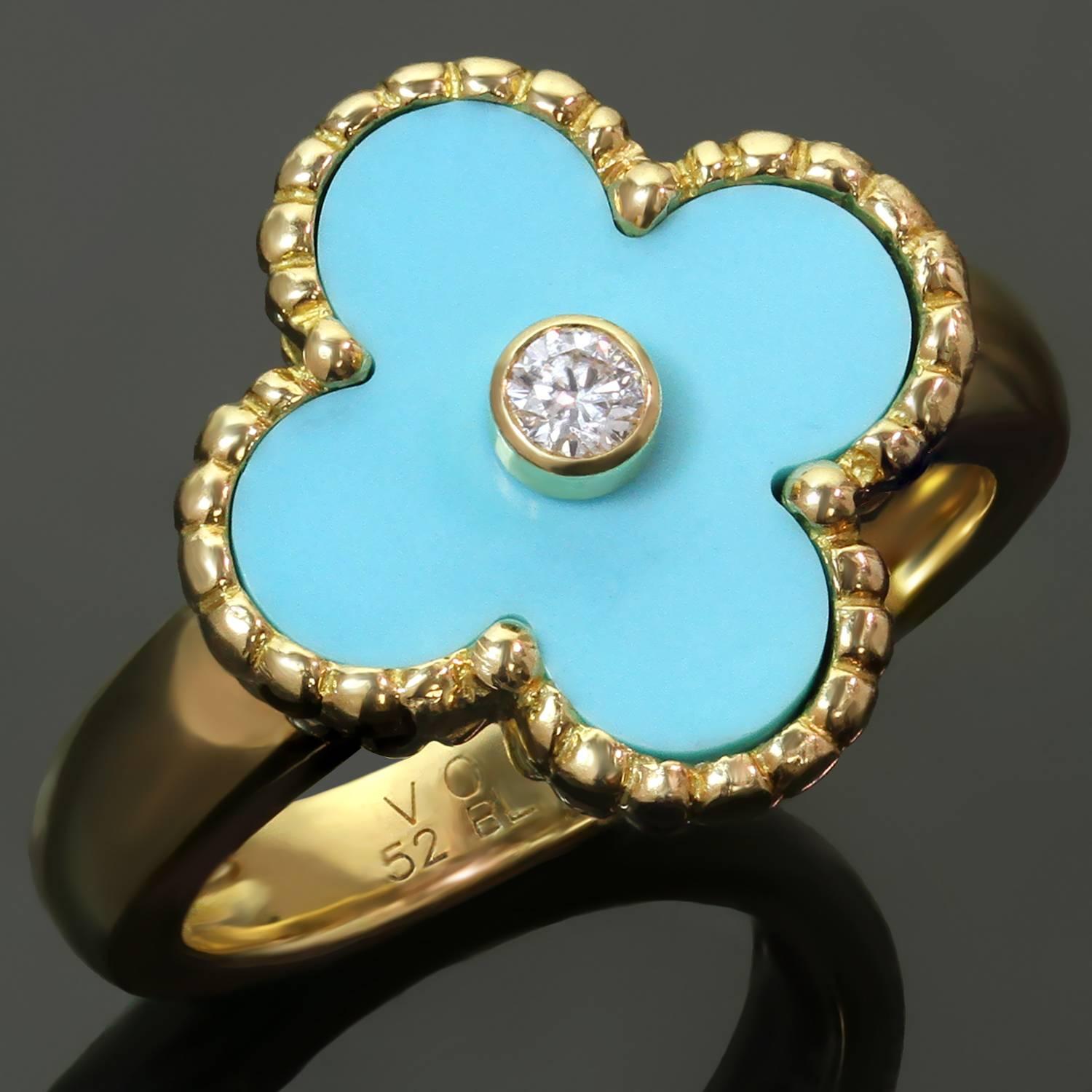 Mixed Cut Van Cleef & Arpels Vintage Alhambra Diamond Turquoise Yellow Gold Ring For Sale