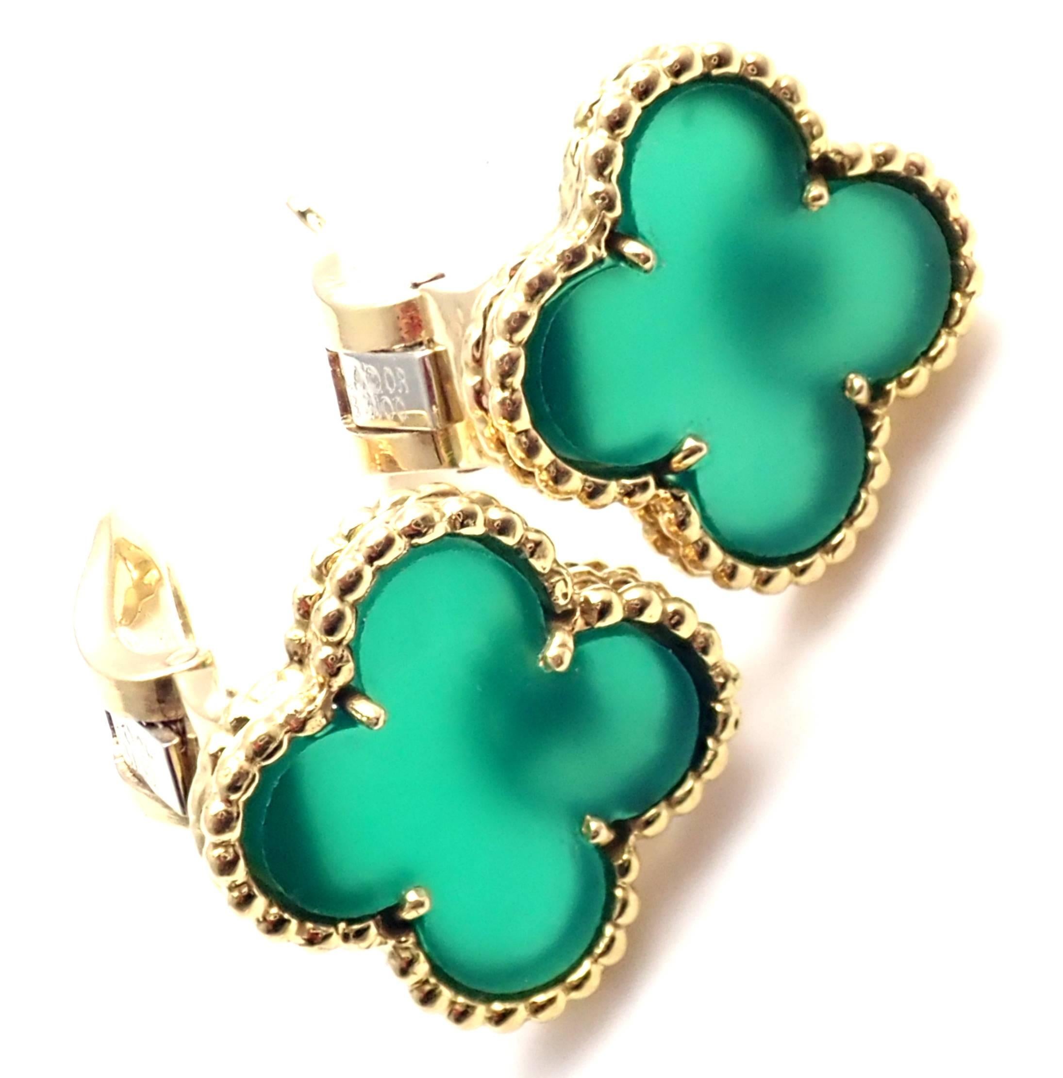 Van Cleef & Arpels Vintage Alhambra Green Chalcedony Yellow Gold Earrings 5