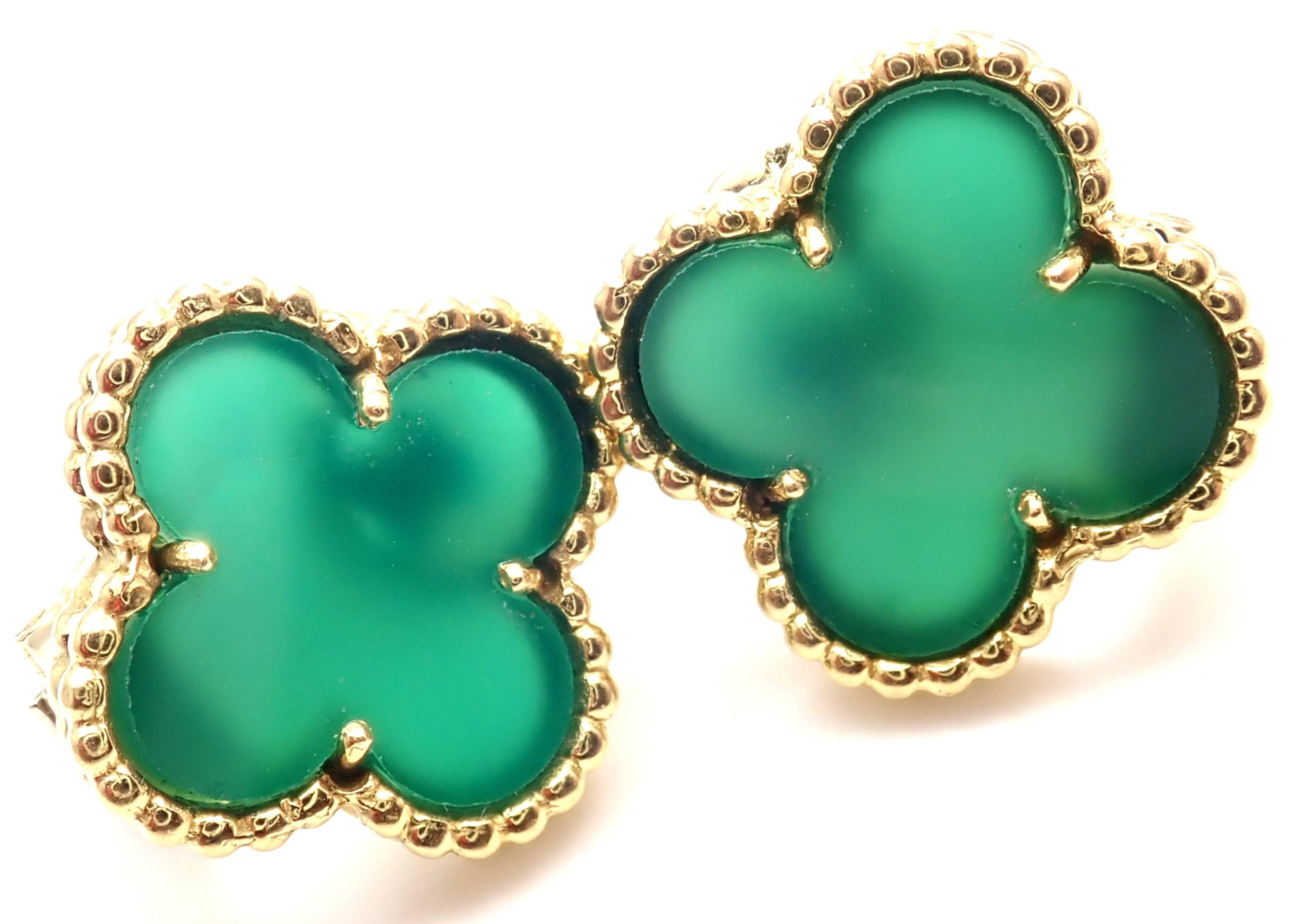 18k Yellow Gold Vintage Alhambra Green Chalcedony Earrings by Van Cleef & Arpels. 
With 2 green chalcedony stones: 15mm each.
These earrings are for pierced ears.
These earrings come with Van Cleef & Arpels service paper from VCA store.
Details: