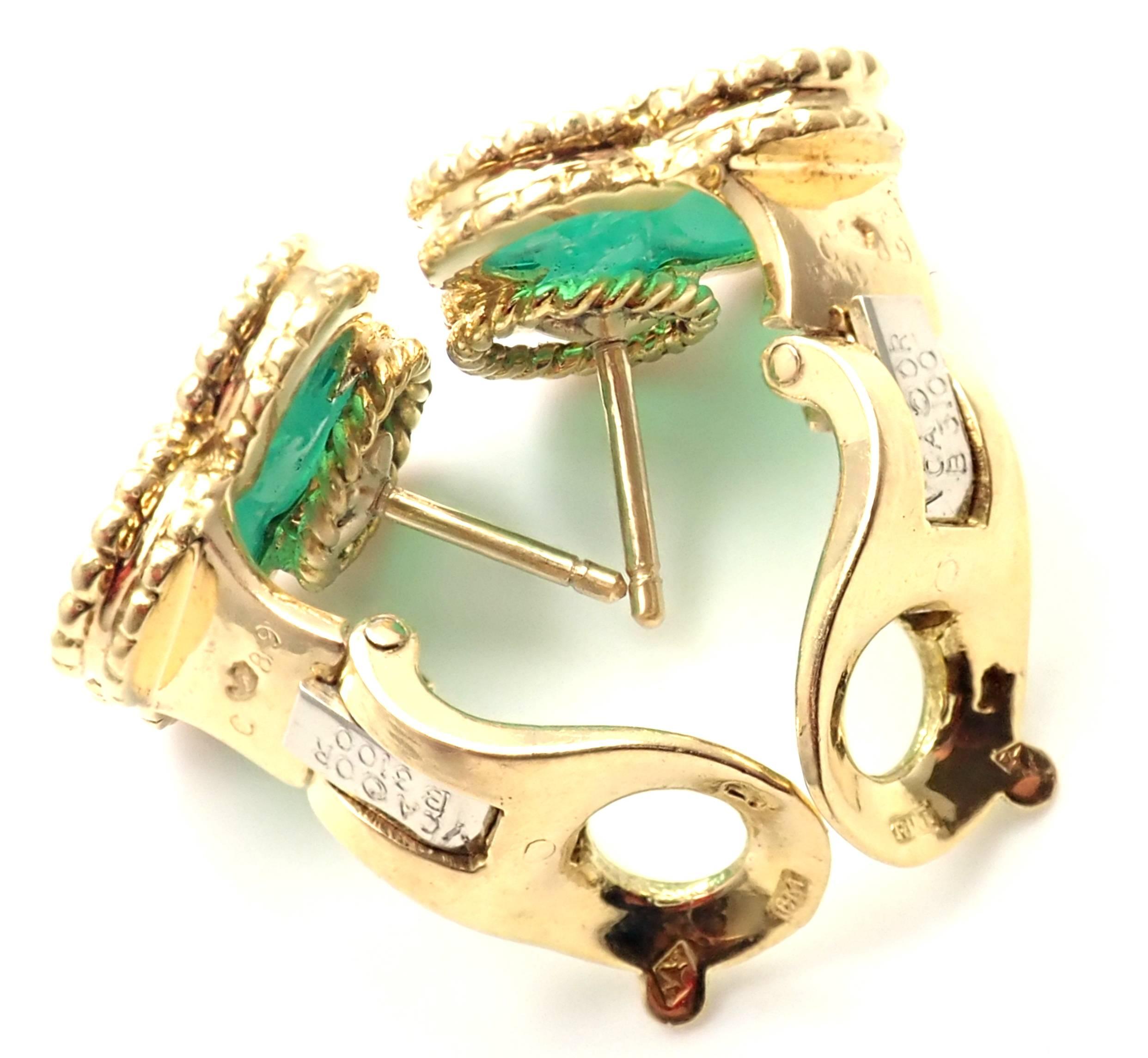 Van Cleef & Arpels Vintage Alhambra Green Chalcedony Yellow Gold Earrings 1