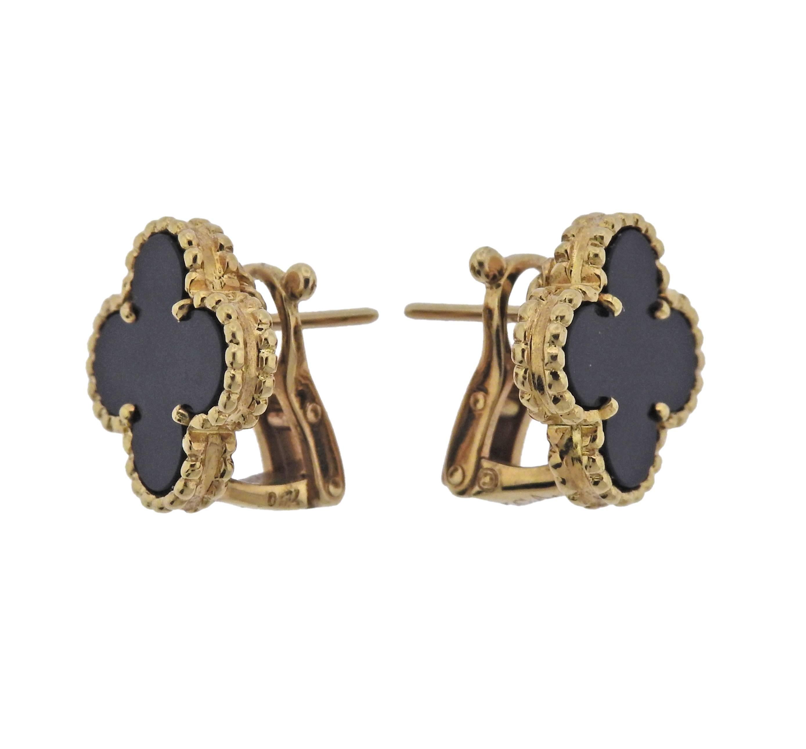 Iconic 18k yellow gold Alhambra earrings, set with onyx, crafted by Van Cleef & Arpels. Retail $4900, come with a pouch. Earrings are 15mm x 15mm, Weight is 7.6 grams.