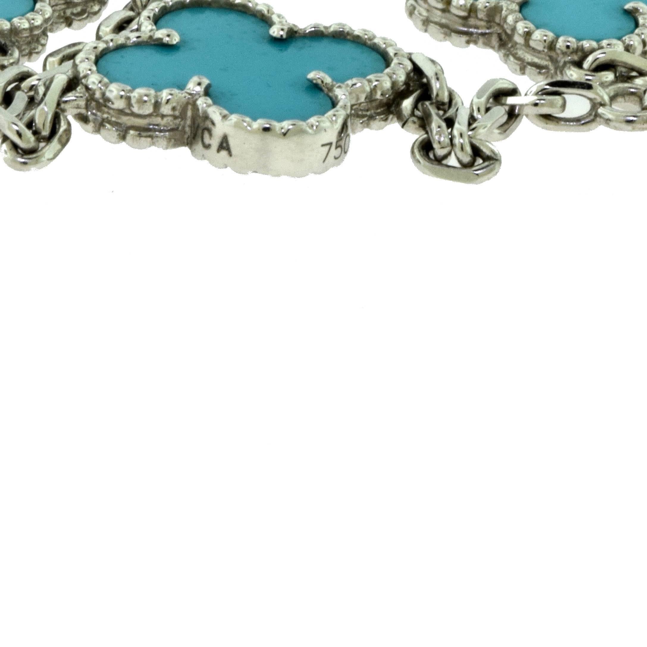 Van Cleef & Arpels Vintage Alhambra Turquoise Ten Motif White Gold Necklace In Excellent Condition For Sale In Miami, FL