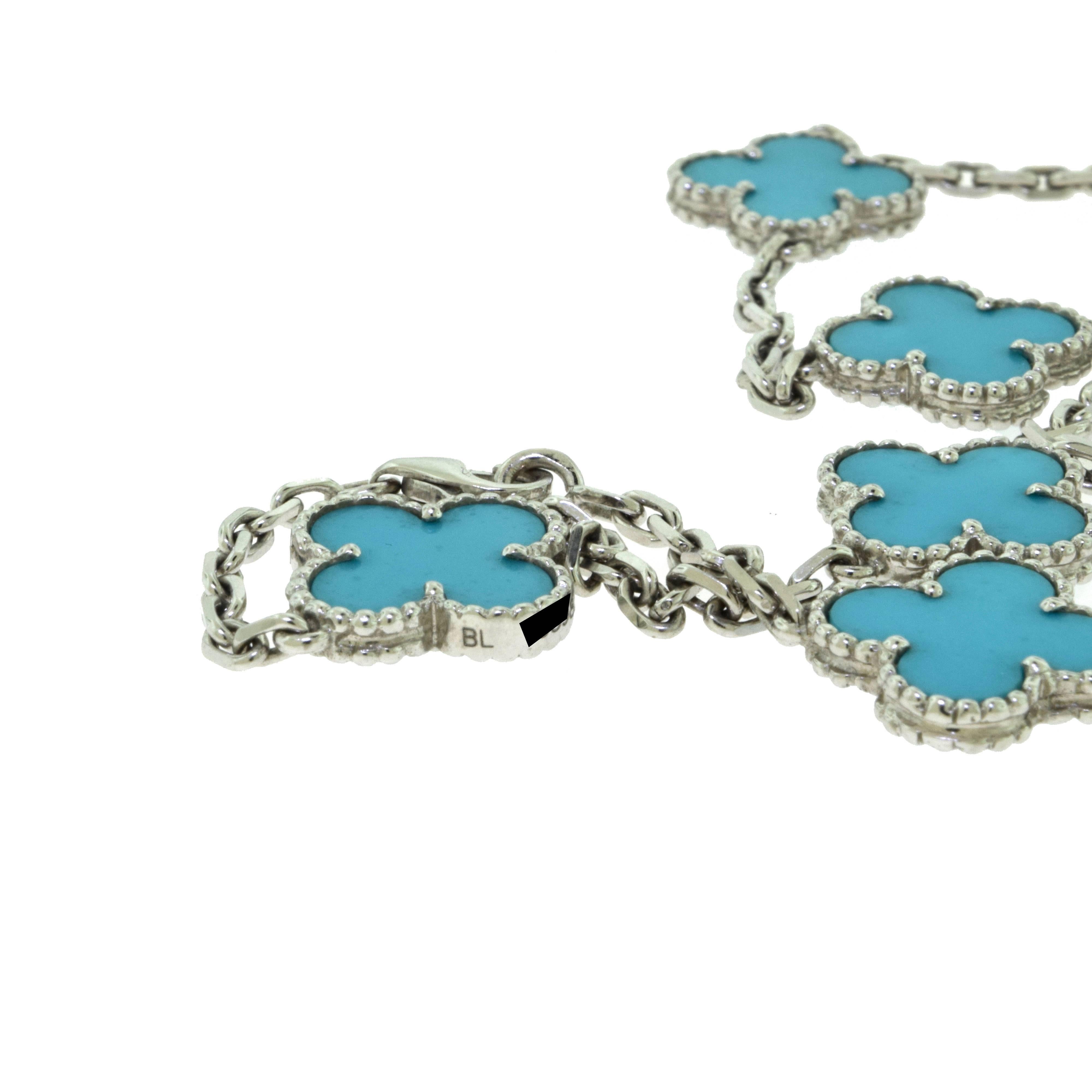 Women's or Men's Van Cleef & Arpels Vintage Alhambra Turquoise Ten Motif White Gold Necklace For Sale