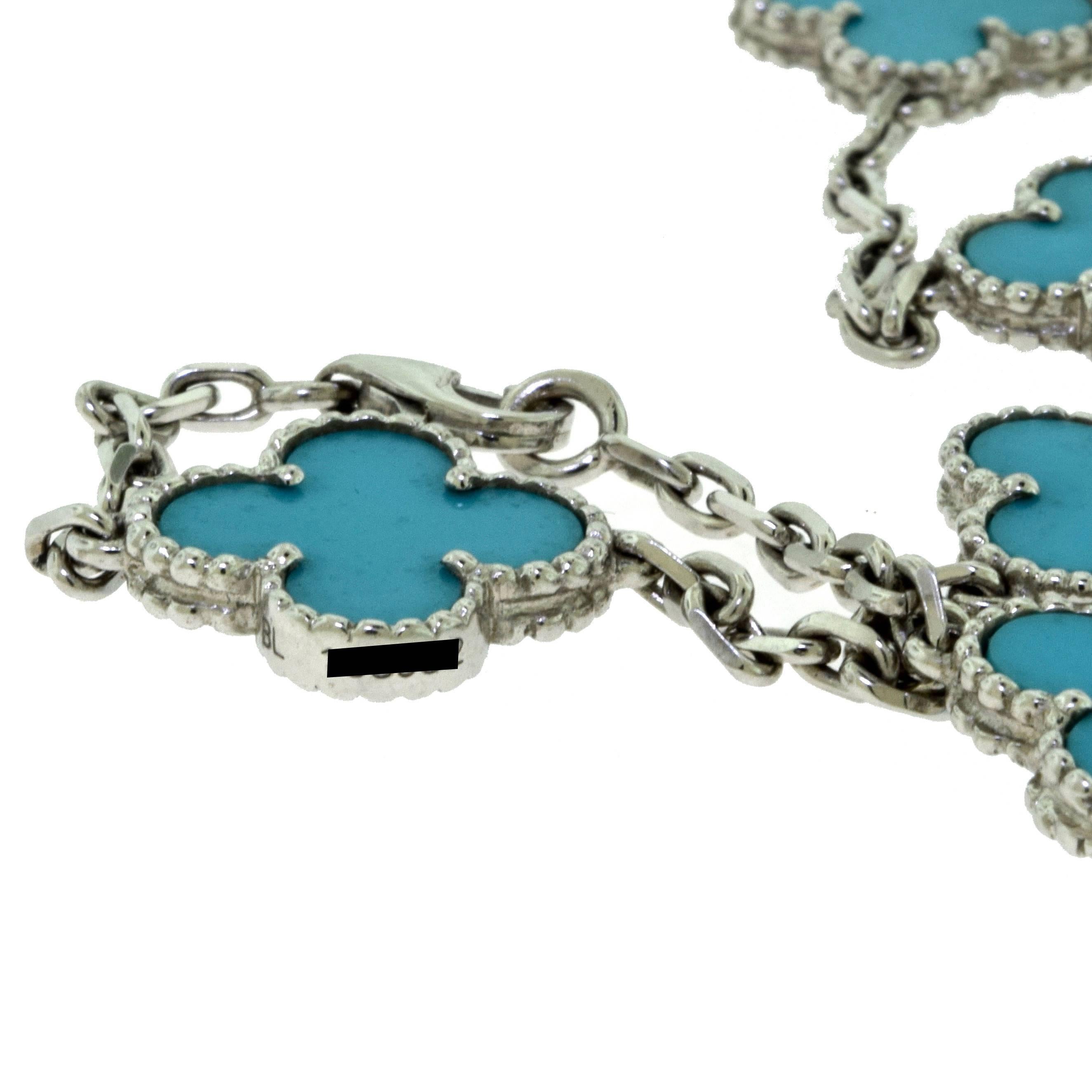 Van Cleef & Arpels Vintage Alhambra Turquoise Ten Motif White Gold Necklace For Sale 1