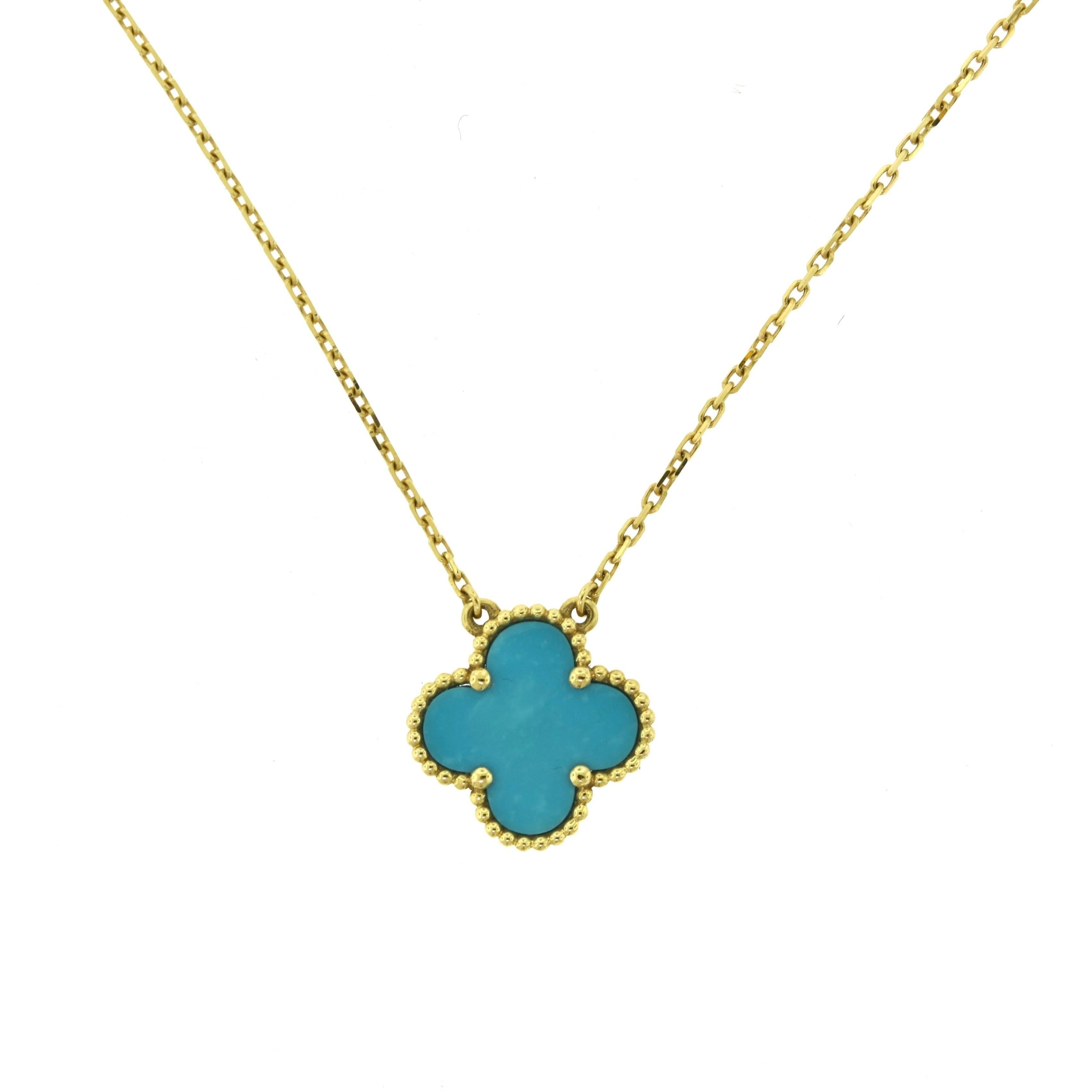 Van Cleef & Arpels Vintage Alhambra Turquoise Gold Single Pendant Necklace For Sale