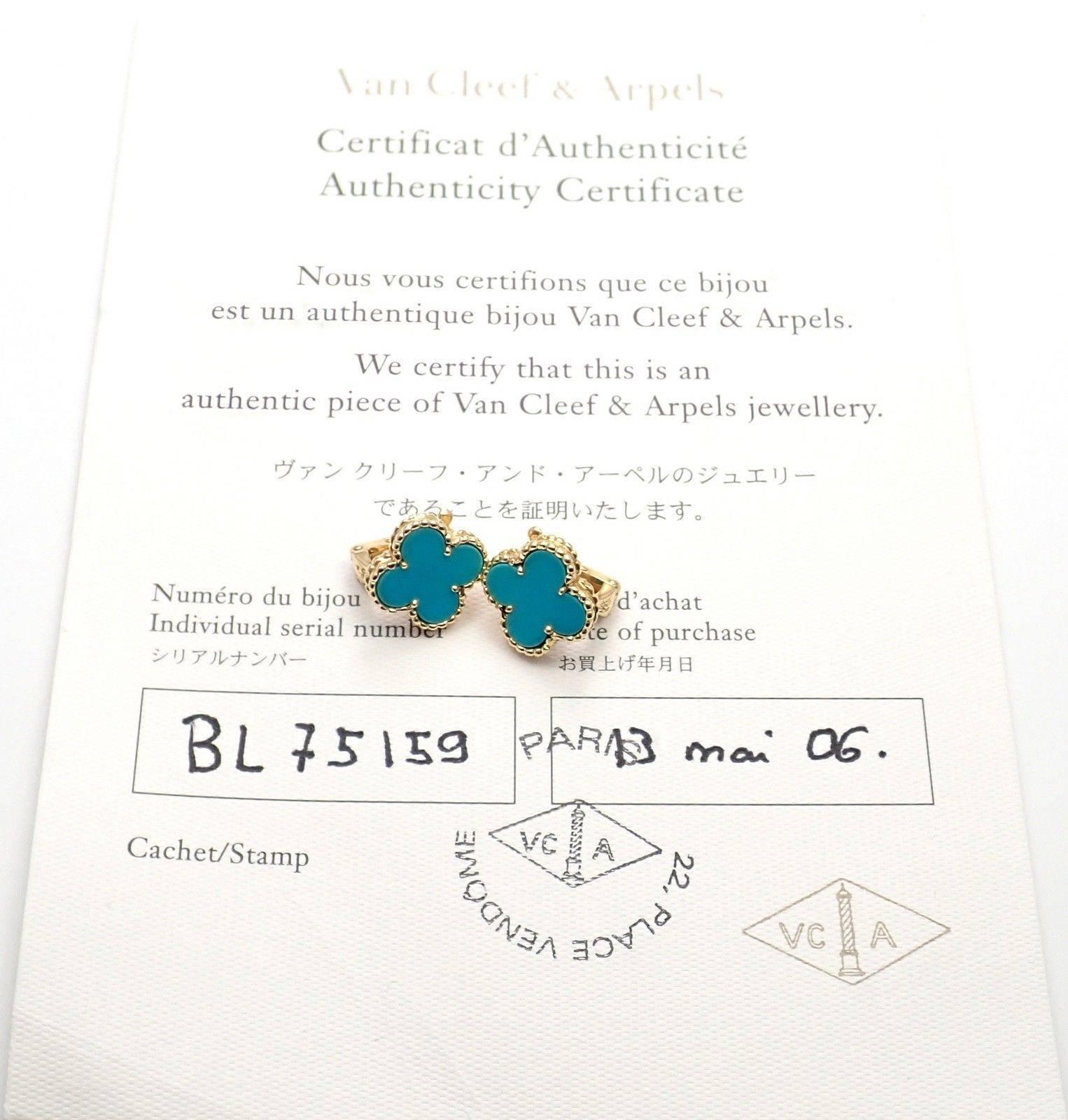 18k Yellow Gold Vintage Alhambra Turquoise Earrings by Van Cleef & Arpels.  
With 2 motifs of turquoise alhambra shape stones: 15mm each. 
These earrings come with a certificate from Van Cleef & Arpels store.
Details:  
Measurements: 15mm x 15mm