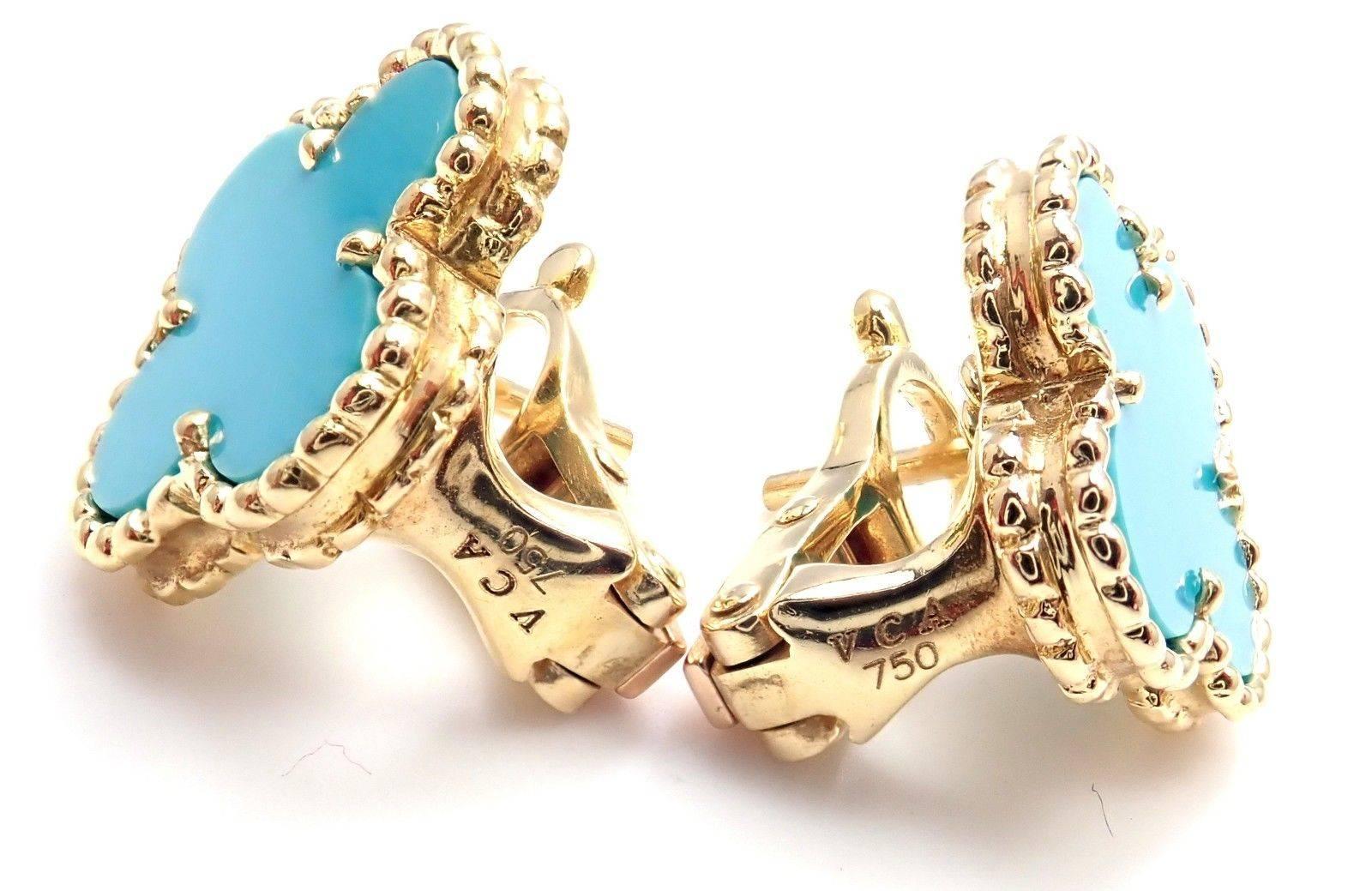 Van Cleef & Arpels Vintage Alhambra Turquoise Yellow Gold Earrings In New Condition In Southampton, PA