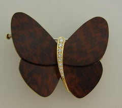 Van Cleef & Arpels Wood Diamond Yellow Gold Butterfly Pin Brooch Clip VCA