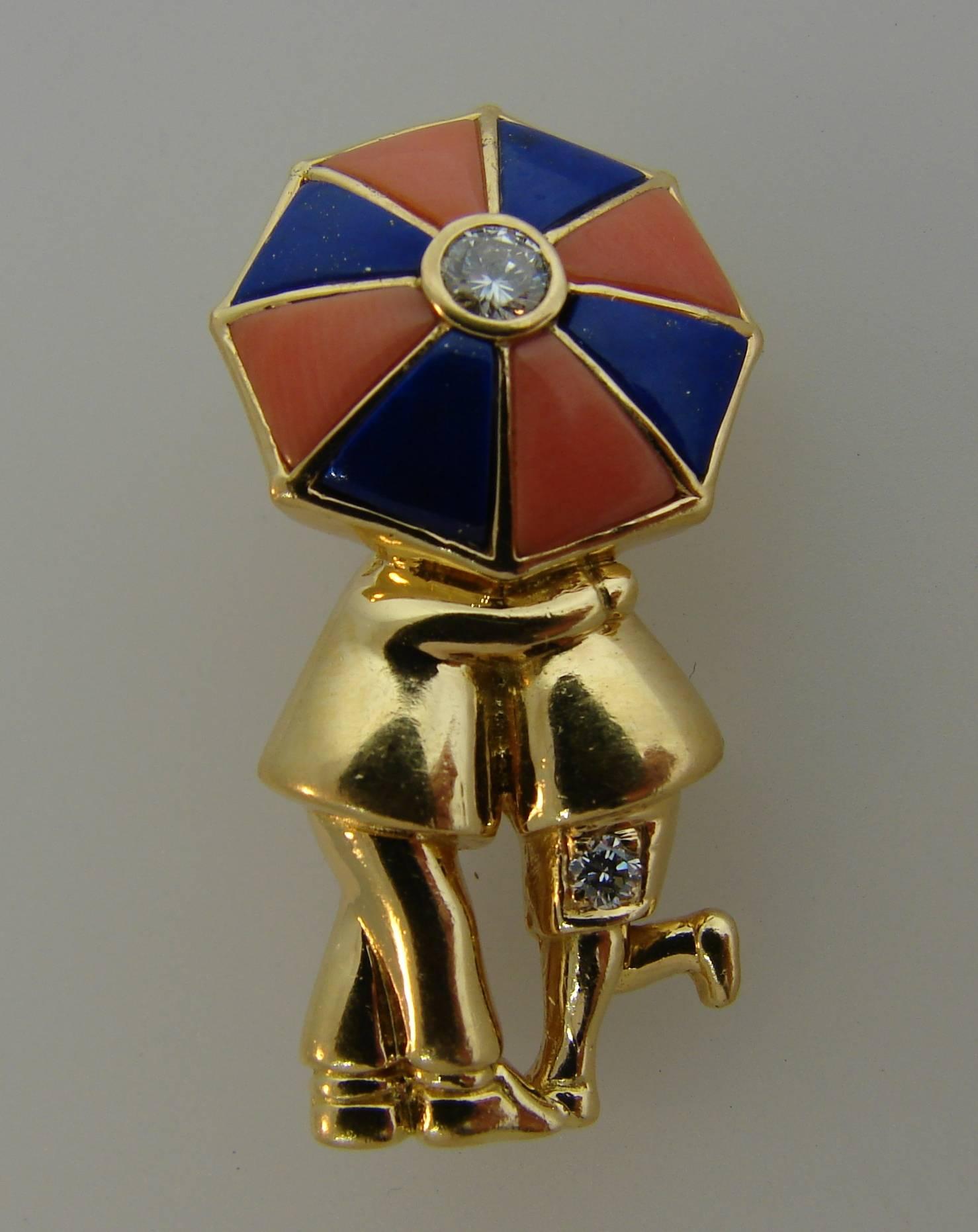 Cutest clip created by Van Cleef & Arpels in France in the 1950's. Adorable, chic and wearable, the pin is a great addition to your jewelry collection. It makes a tasteful accent to any outfit.
The clip is made of 18 karat yellow gold, coral, lapis